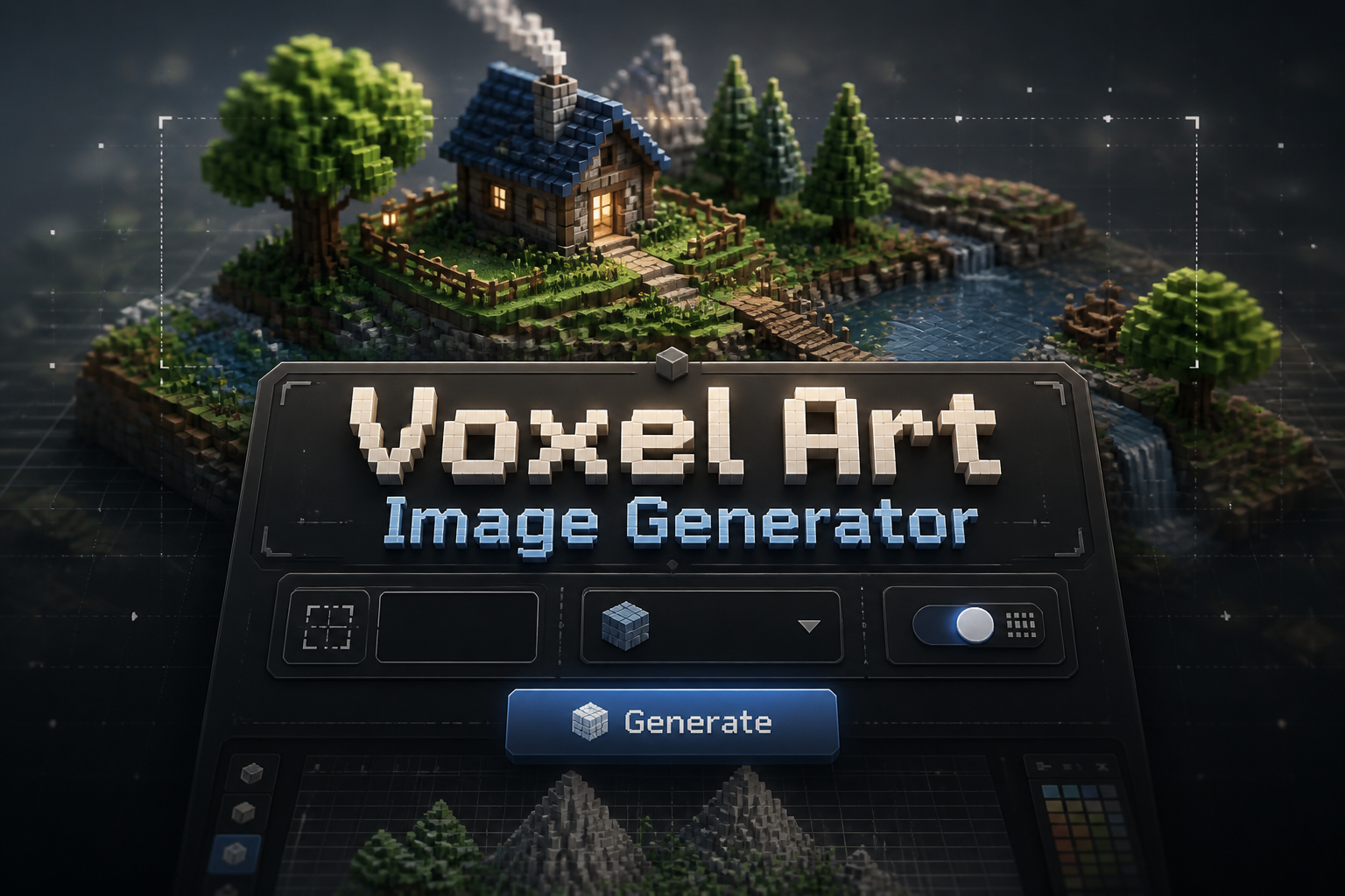 Centered hero graphic for a voxel art image generator with the title text, sleek UI panel showing size input, style dropdown, pixel precision toggle, and Generate button, over a fading 3D voxel landscape with subtle grid lines and alignment arrows.