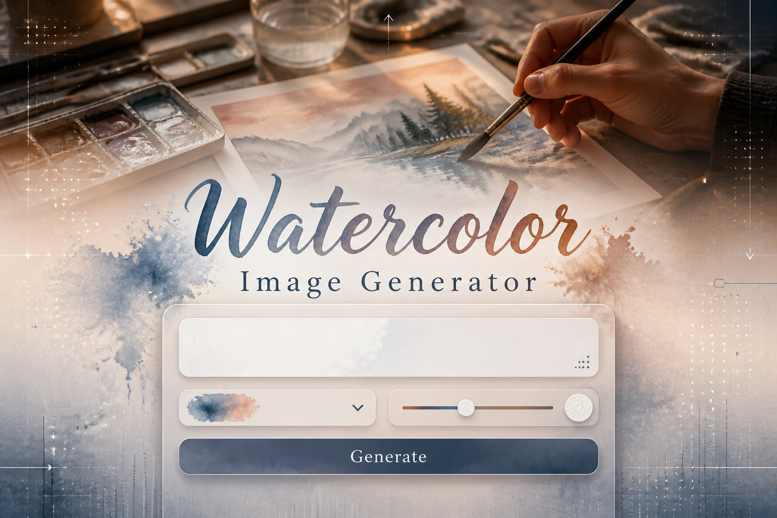 Centered hero graphic with "Watercolor Image Generator," a refined input panel, watercolor style dropdown, intensity slider, and Generate button over a fading artist-painting scene, ideal for a watercolor image generator tool and watercolor image generator UI.