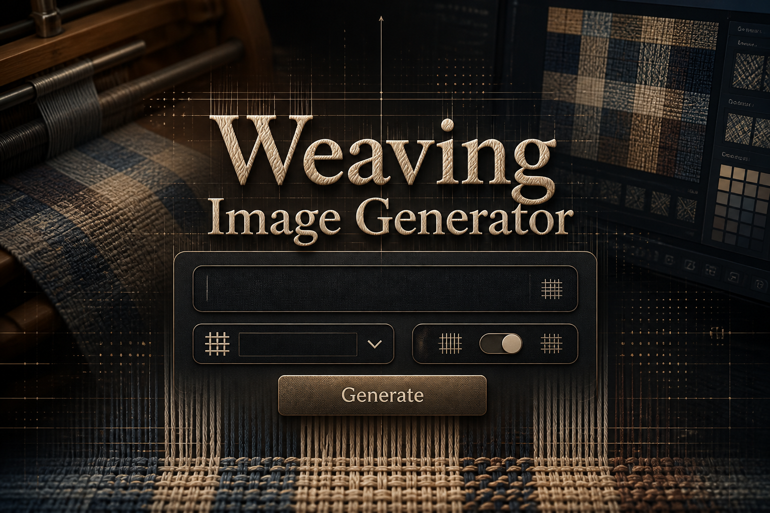 Centered hero graphic for a weaving image generator with the title text Weaving Image Generator, a sleek panel with prompt input, style dropdown, warp and weft toggle, and a Generate button over a refined digital textile weaving background.