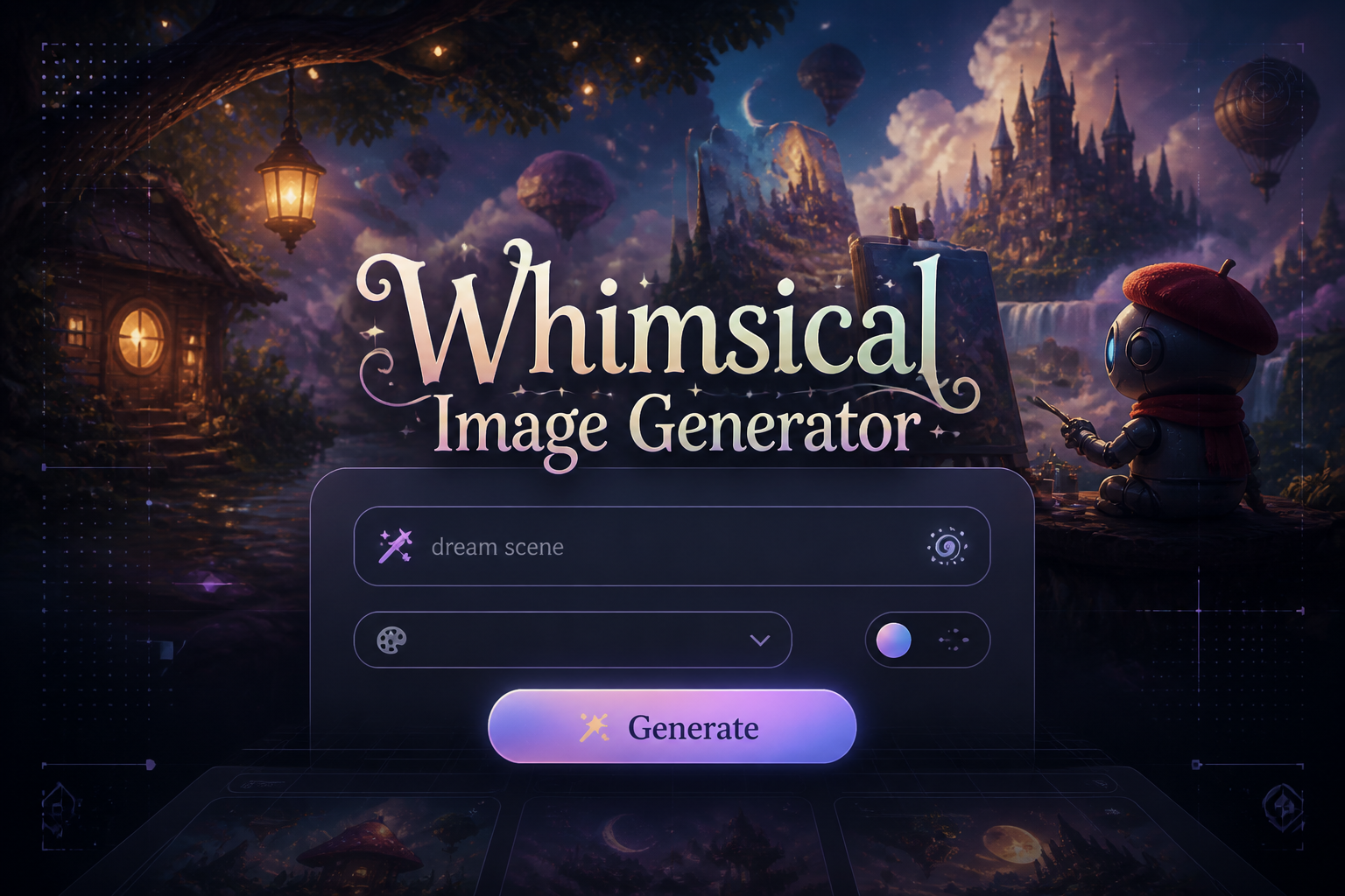 Centered hero UI for a whimsical image generator with the title Whimsical Image Generator, a dream scene prompt field, style dropdown, creativity toggle, and Generate button over a premium magical dashboard background, ideal for whimsical AI image generator design ideas.