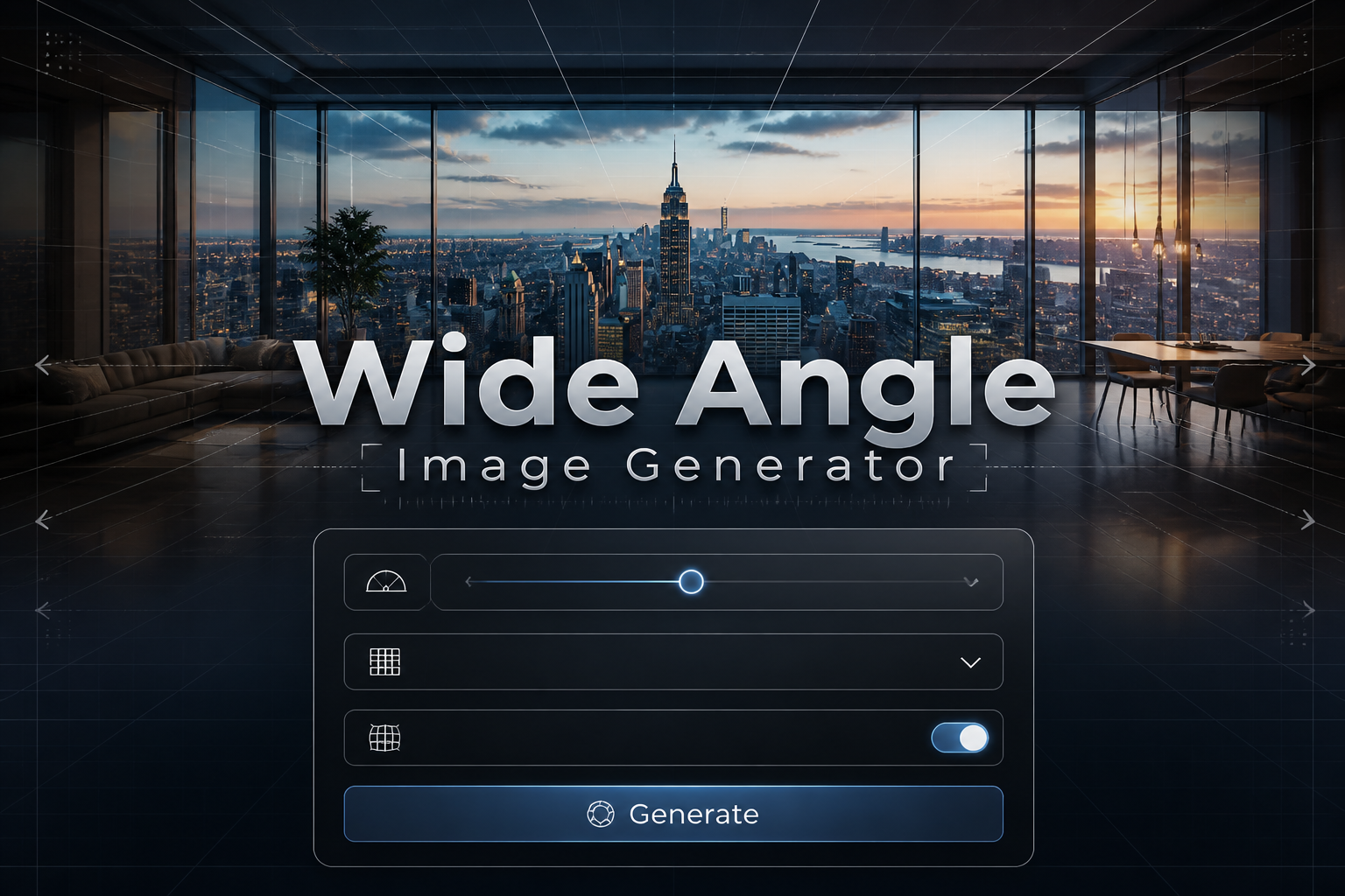 Premium hero graphic with the title Wide Angle Image Generator over a sleek UI panel showing camera angle input, perspective mode dropdown, distortion toggle, and Generate button, set against an expansive interior view with subtle grid lines for a wide angle lens tool.