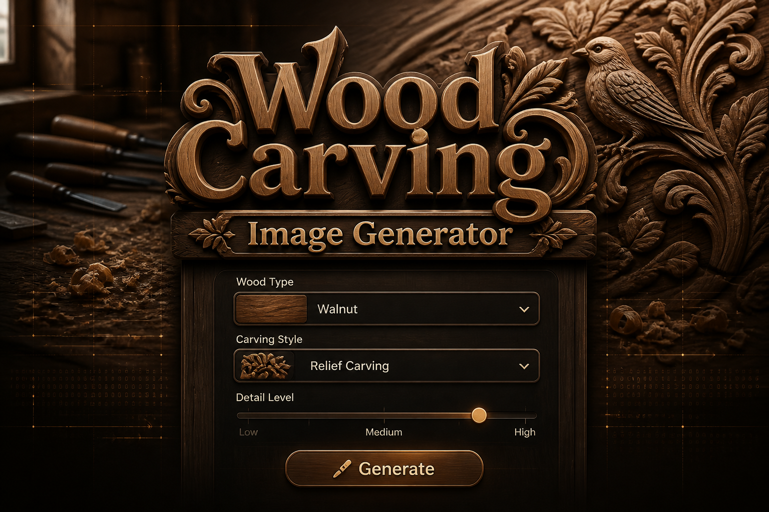 Hero image of a wood carving image generator interface with walnut-brown panels, a wood type input, carving style dropdown, detail level toggle, Generate button, carved relief workshop background, and subtle premium UI grid details.