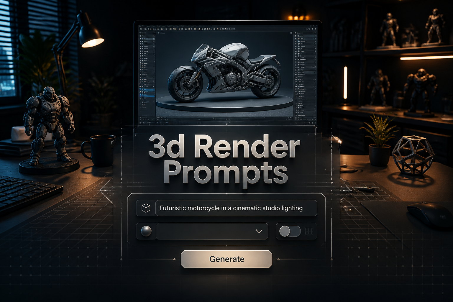 Centered premium hero image with "3d Render Prompts" over a sleek 3D prompt generator UI, featuring a sample prompt field, style dropdown, quality toggle, and Generate button, set against a designer workspace with a 3D monitor and subtle grid accents.