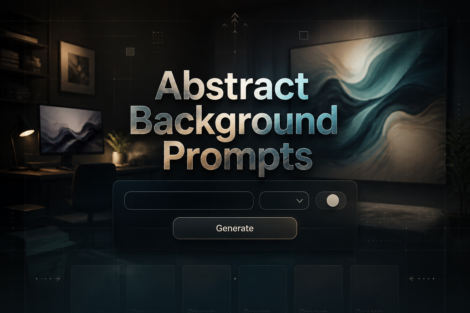 Centered hero graphic for Abstract Background Prompts showing a sleek prompt-tool panel with the title, a scene idea input, blank dropdown, toggle switch, and Generate button over a polished abstract background interface with faint grid lines and premium UI details.