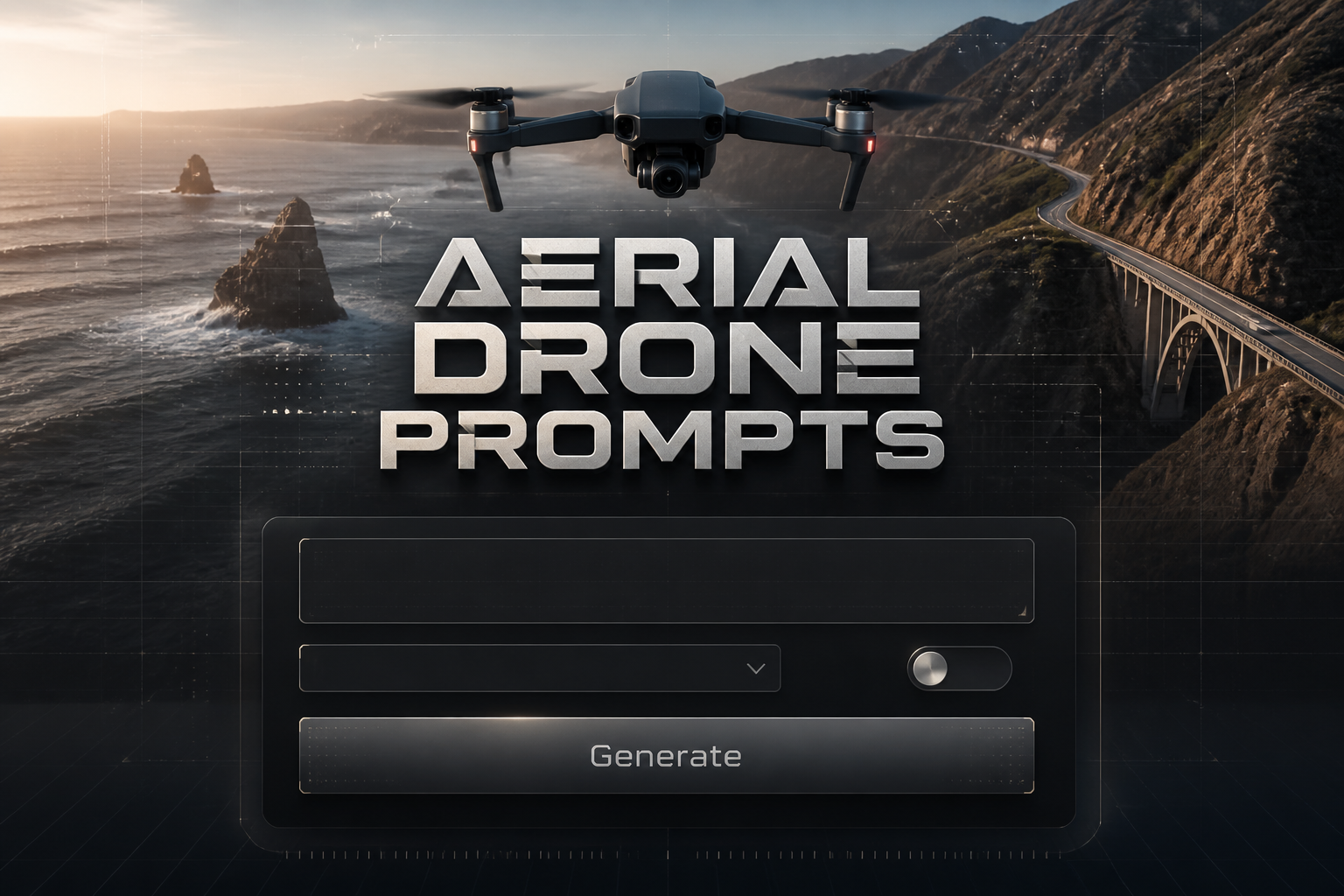Centered hero graphic for an aerial drone prompts tool with bold "Aerial Drone Prompts" text and deep black shadow, a polished UI panel with prompt field, flight style dropdown, cinematic toggle, and Generate button over a dramatic drone filming scene.