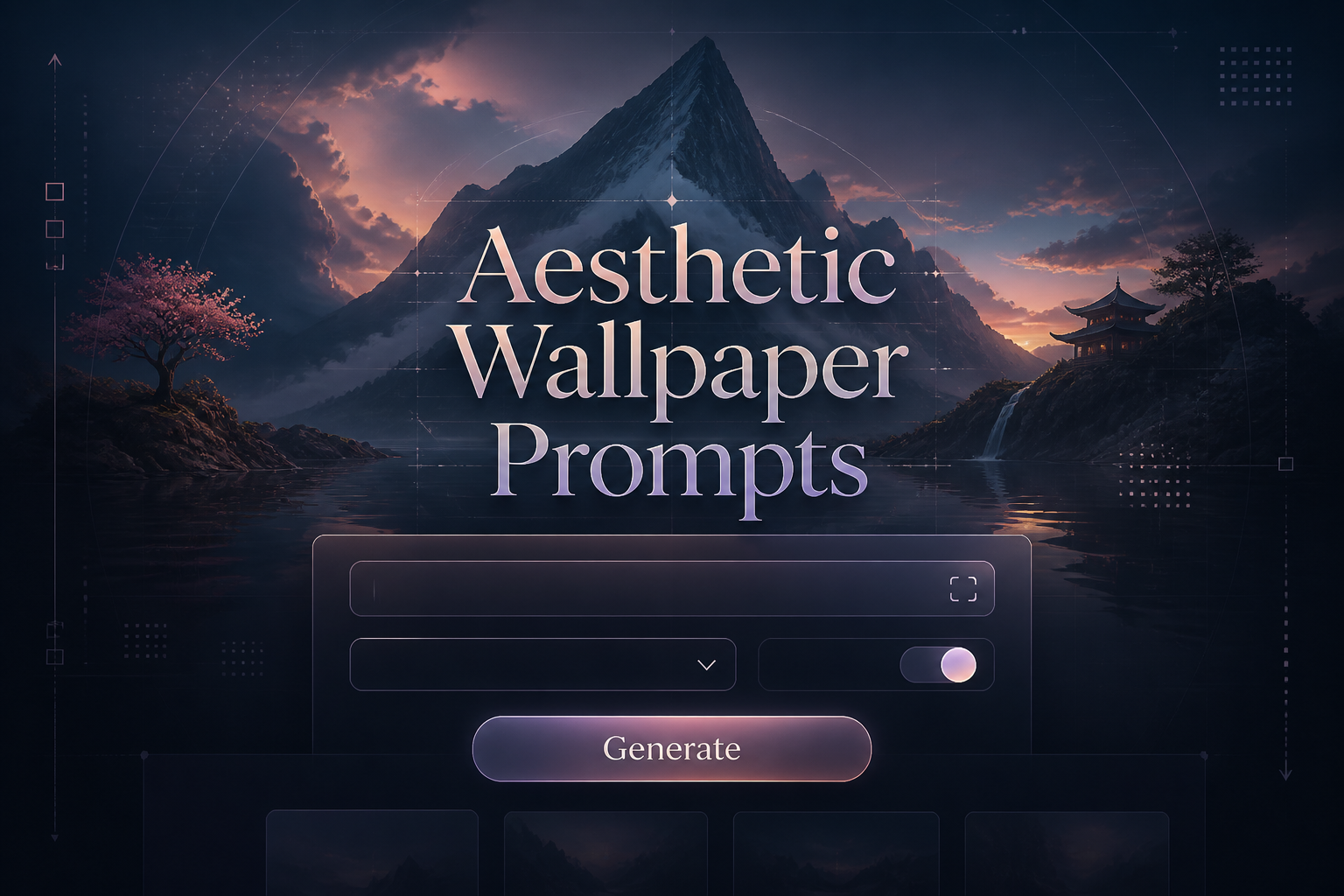 Centered sleek hero graphic for Aesthetic Wallpaper Prompts with a subtle UI panel, prompt field, style dropdown, mood toggle, and Generate button, set over a premium wallpaper creation interface with faint grid lines and elegant reflections.