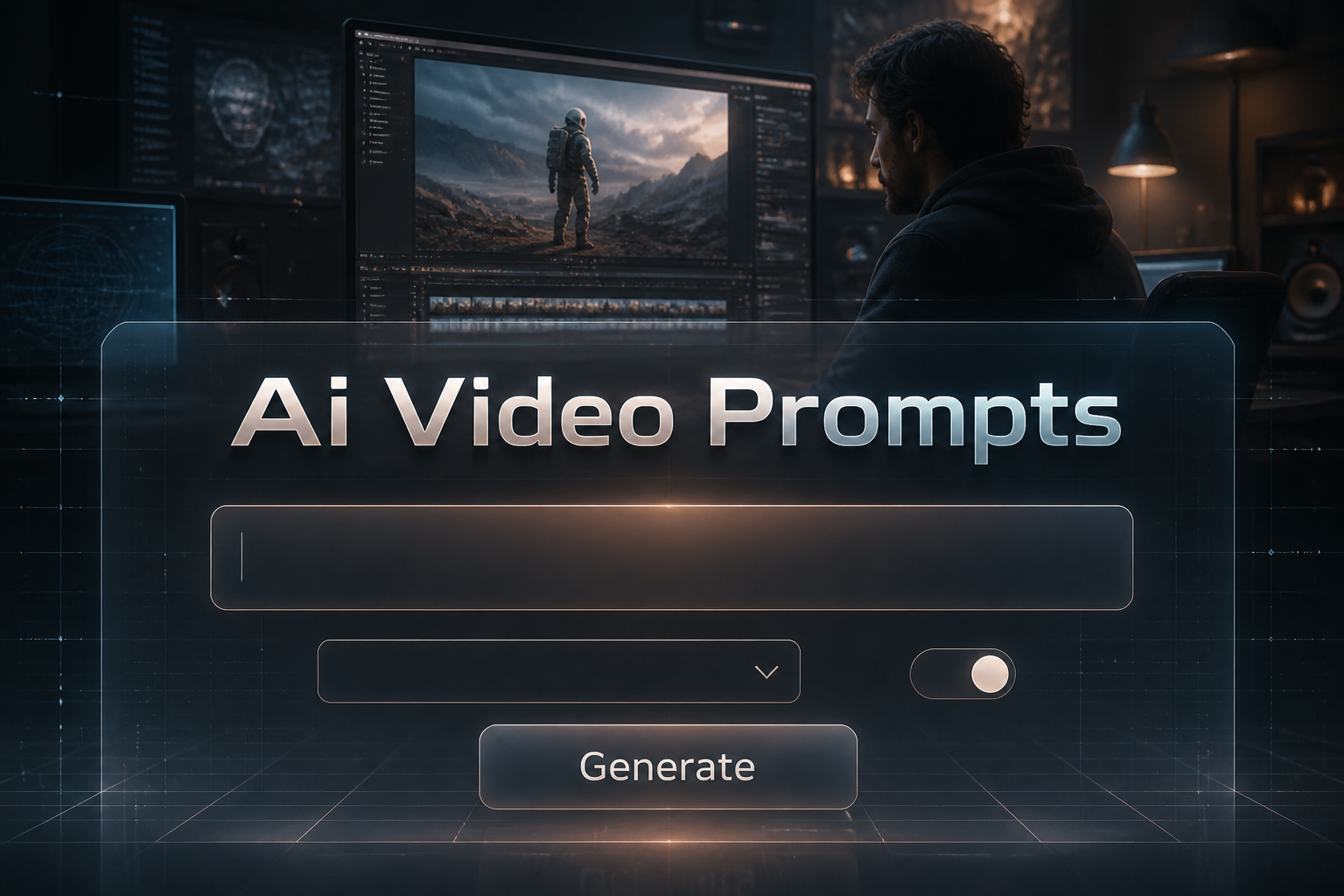 Centered hero image for an AI video prompts tool with the title Ai Video Prompts, a video prompt input, clean dropdown, subtle toggle, and Generate button over a polished creator editing AI video ideas interface.