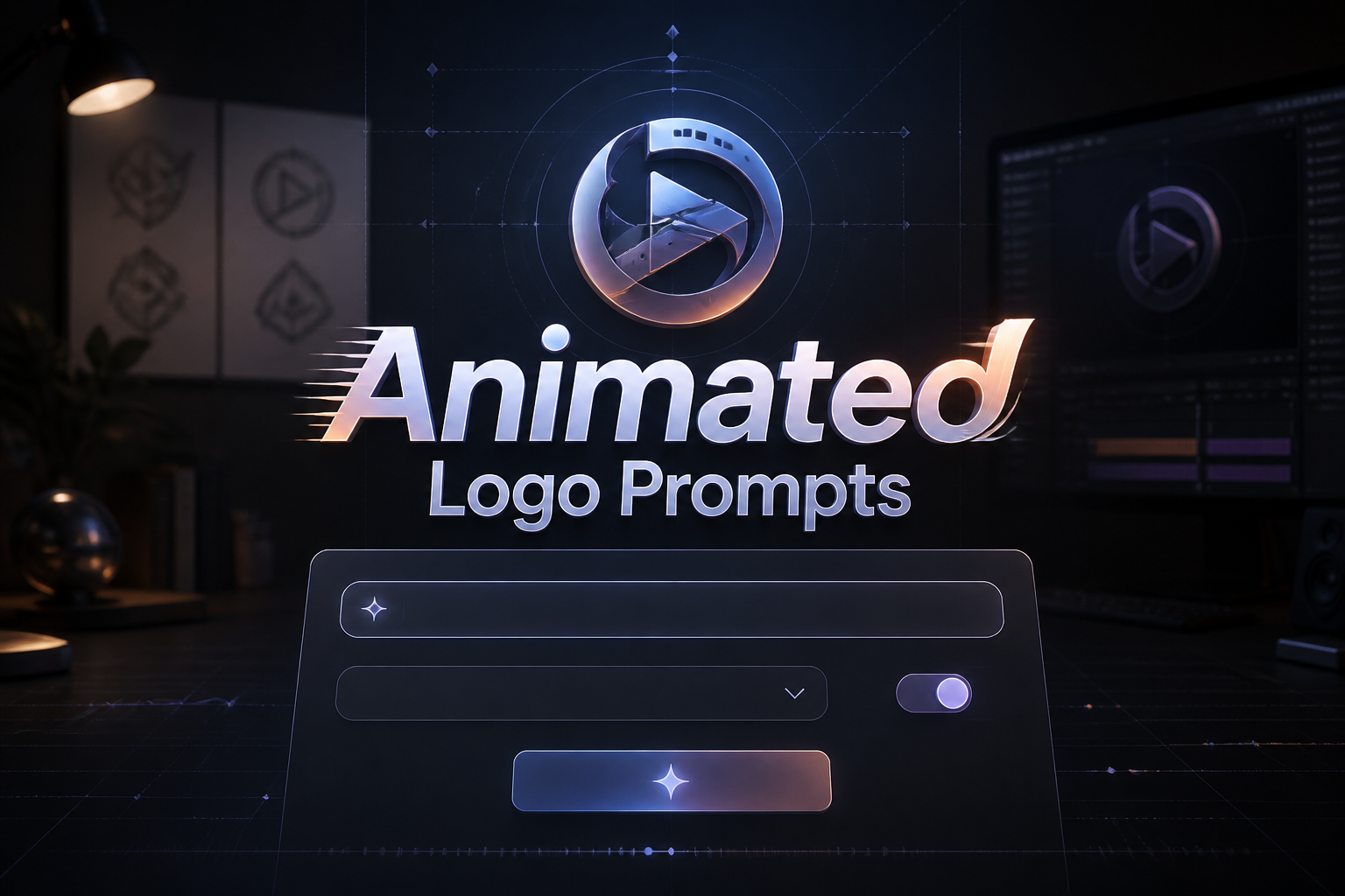 Centered featured hero graphic for Animated Logo Prompts with a sleek prompt tool panel, one logo prompt field, animation style dropdown, motion intensity toggle, and Generate button, styled for animated logo prompt generation and logo animation ideas.