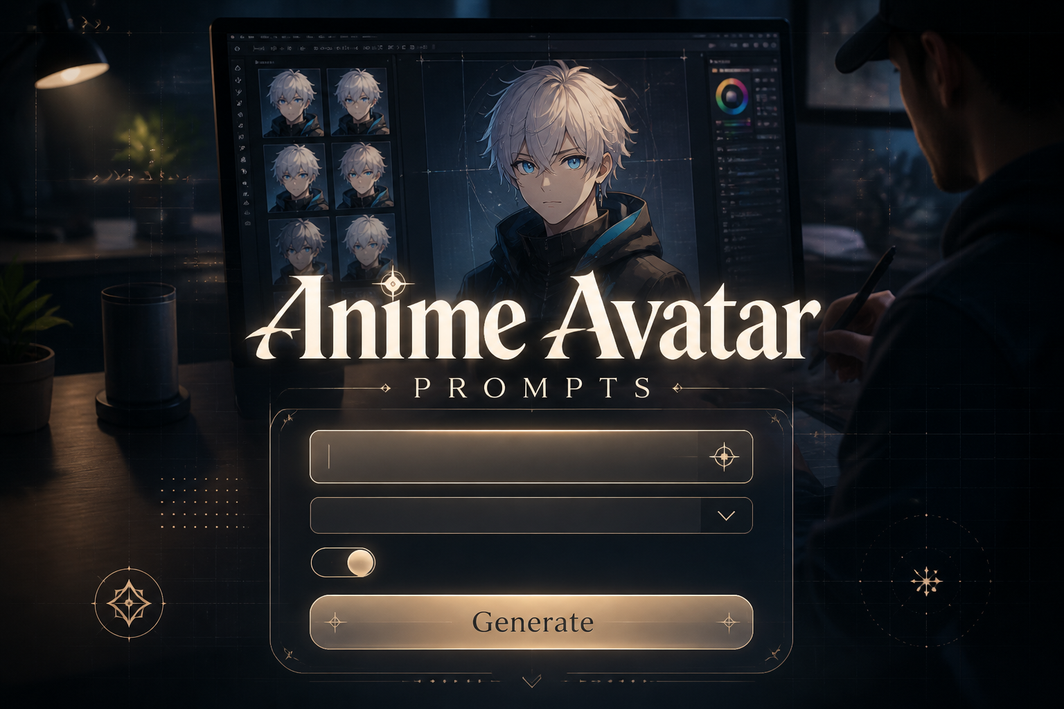 Centered anime avatar prompt generator UI with a large "Anime Avatar Prompts" title, prompt field, avatar style dropdown, variation toggle, and Generate button over a sleek designer-screen background, ideal for anime avatar prompt ideas and AI anime avatar prompts tools.
