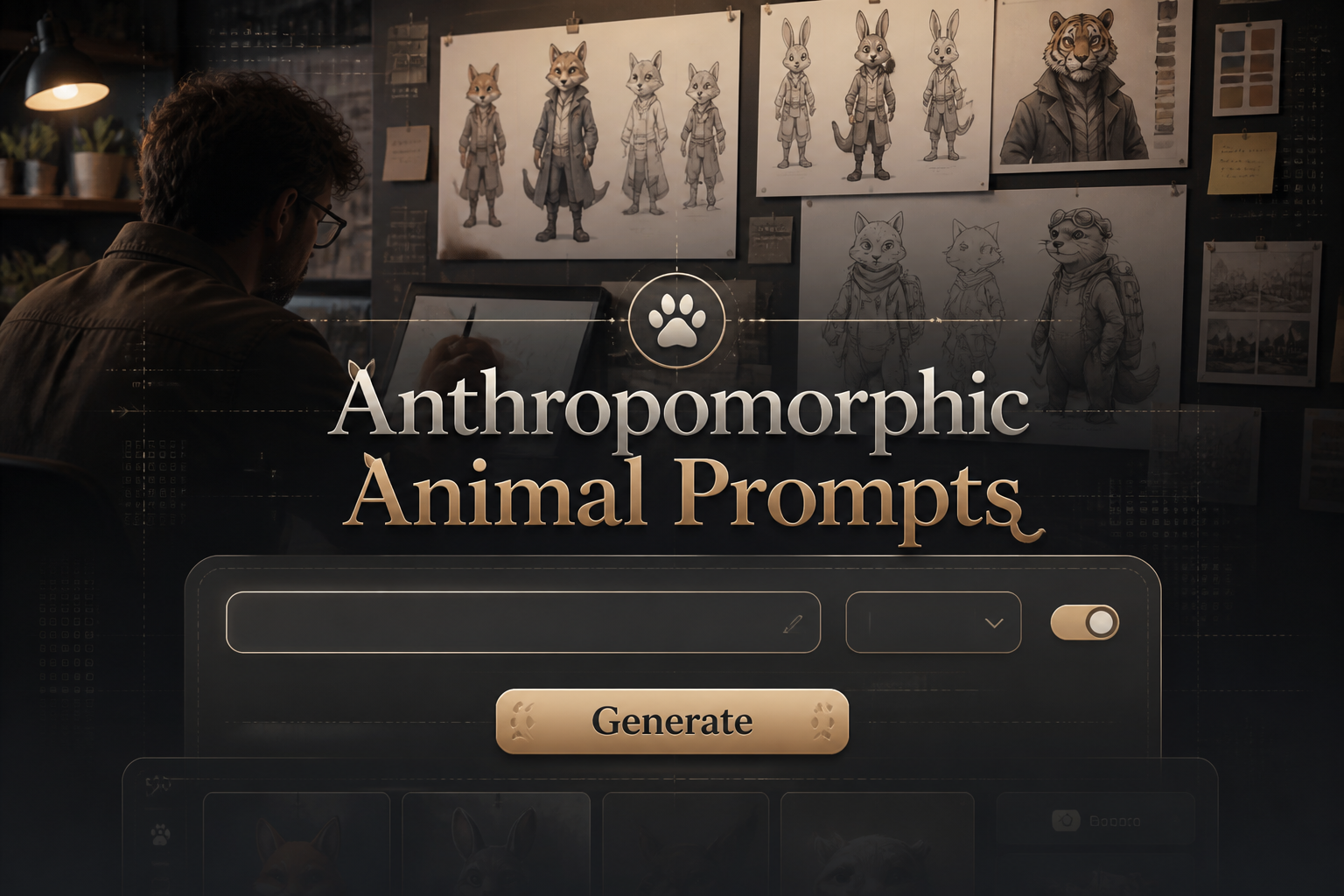 Hero image for anthropomorphic animal prompts showing a centered sleek UI panel with the title and Generate button over a creator's animal sketch workspace, with subtle prompt tool interface elements and anthropomorphic animal prompt ideas.