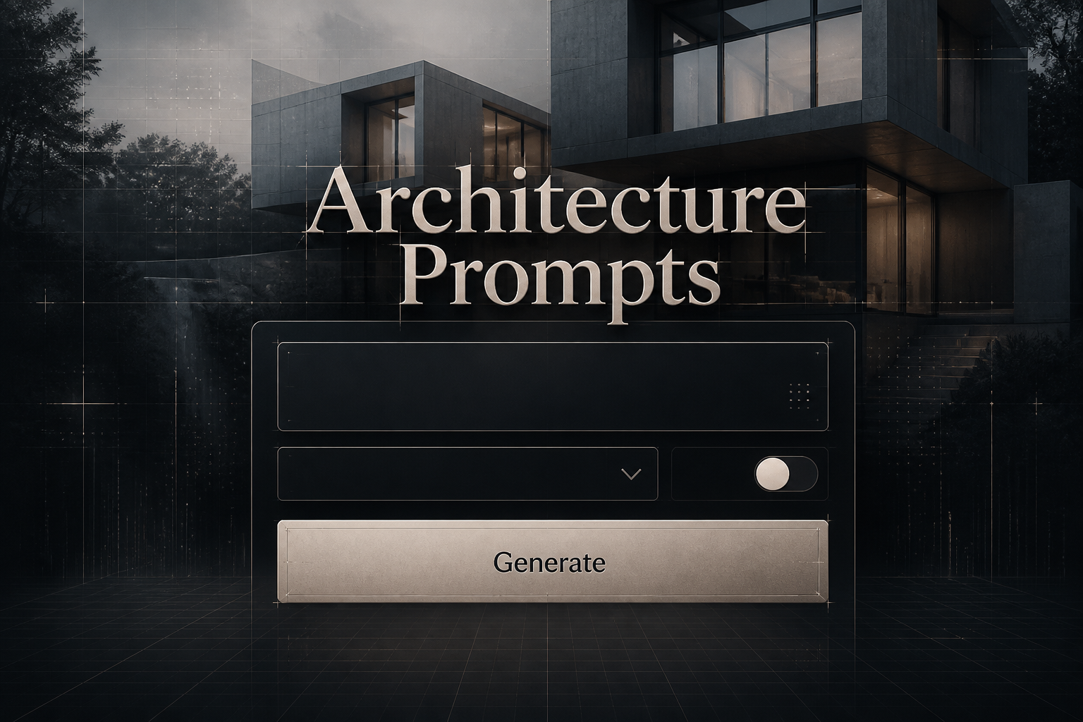 Hero image for an architecture prompts tool with "Architecture Prompts" in bold shadowed type above a sleek centered UI panel, concept prompt field, dropdown, toggle, and Generate button over a premium architectural interface with grid lines and alignment arrows.
