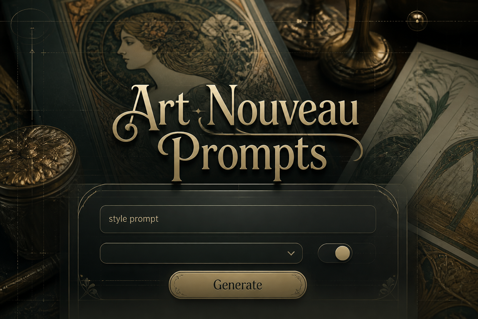Art Nouveau Prompts hero image with elegant decorative typography, a centered prompt tool panel showing a style prompt field, dropdown, toggle, and Generate button, set over art nouveau design references and subtle grid lines.