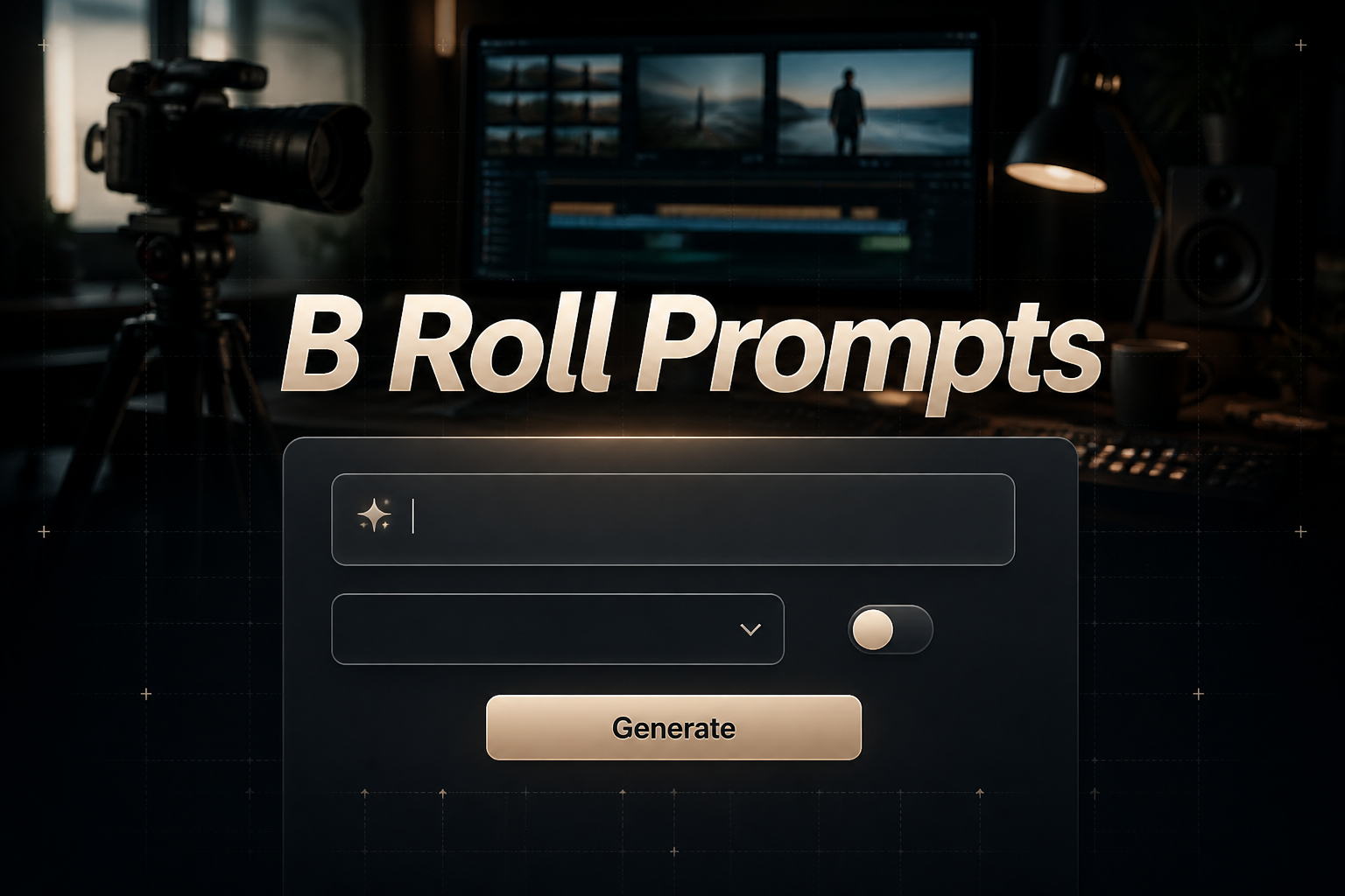 Centered hero image for B Roll Prompts showing a sleek b-roll prompt generator UI with a short prompt input, blank dropdown, toggle switch, and Generate button over a realistic camera-and-editing workspace background with faint grid lines.