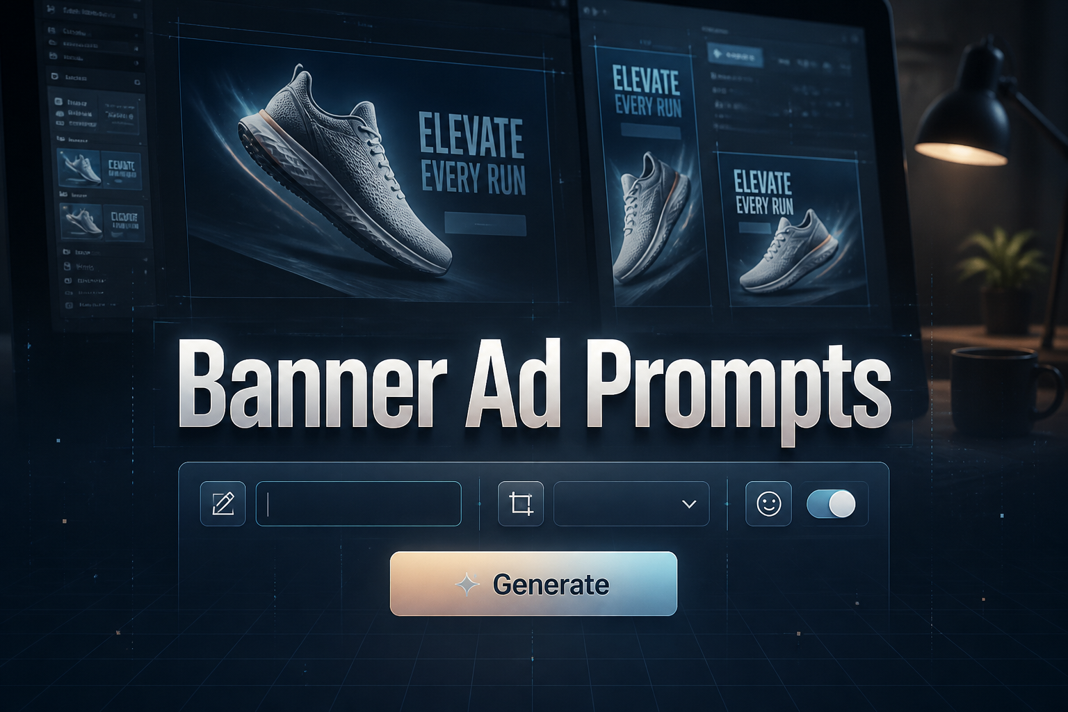Centered hero image for a banner ad prompts tool showing the title Banner Ad Prompts in smart UI typography, with ad angle input, format dropdown, tone toggle, and a Generate button over a sleek high-contrast creative workspace background.
