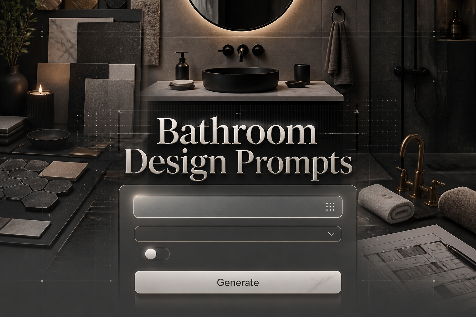 Centered bathroom design prompts hero image with "Bathroom Design Prompts" in bold shadowed type above a sleek form panel, bathroom style and fixture type controls, Generate button, and a modern vanity planning scene for bathroom renovation ideas.