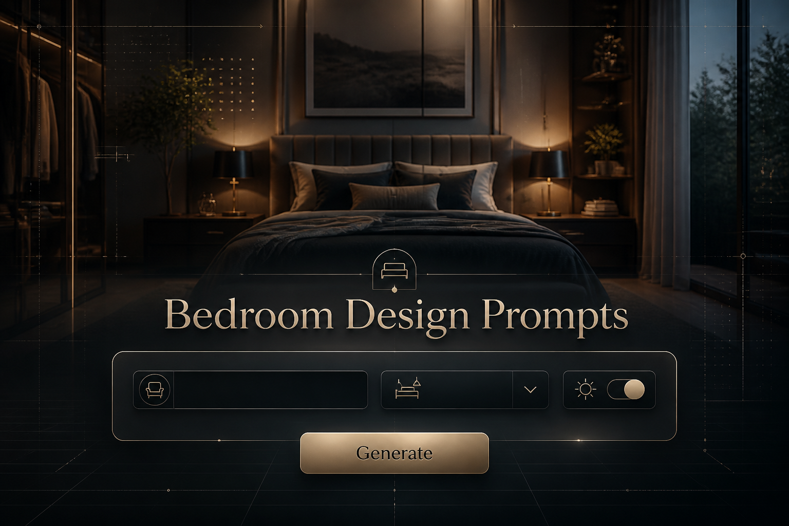 Featured hero image for a bedroom design prompts tool with "Bedroom Design Prompts" in soft-shadowed bedroom-inspired typography, a sleek panel with style field, room type dropdown, mood toggle, and Generate button over a refined modern bedroom scene.