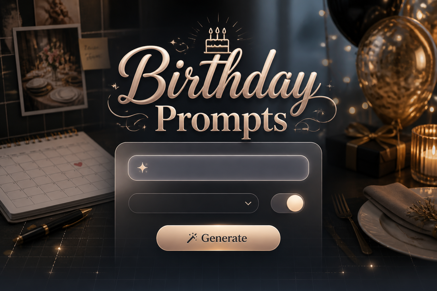 Centered birthday prompts hero image with a refined UI panel, soft-shadow Birthday Prompts title, birthday prompt input, clean dropdown, toggle, and Generate button, set against a polished birthday planning background with subtle grid lines.