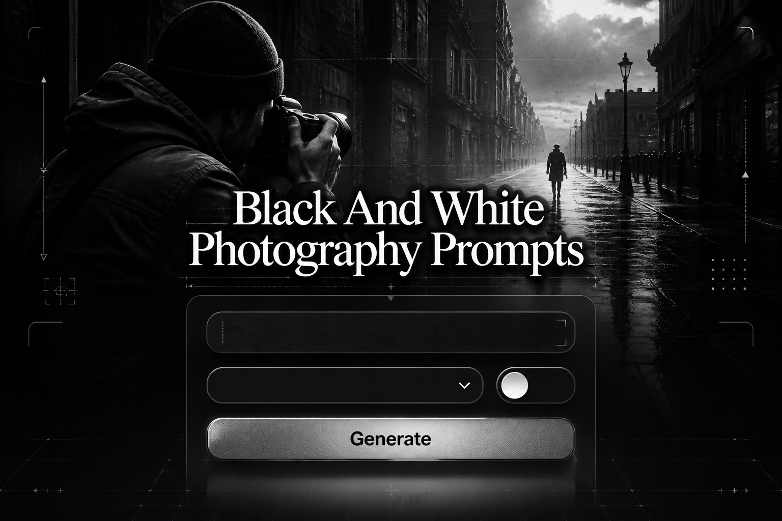 Centered black-and-white photography prompts tool hero with bold shadowed title, a refined panel showing a subject field, dropdown, toggle, and Generate button over a monochrome street photographer scene with subtle grid UI accents.
