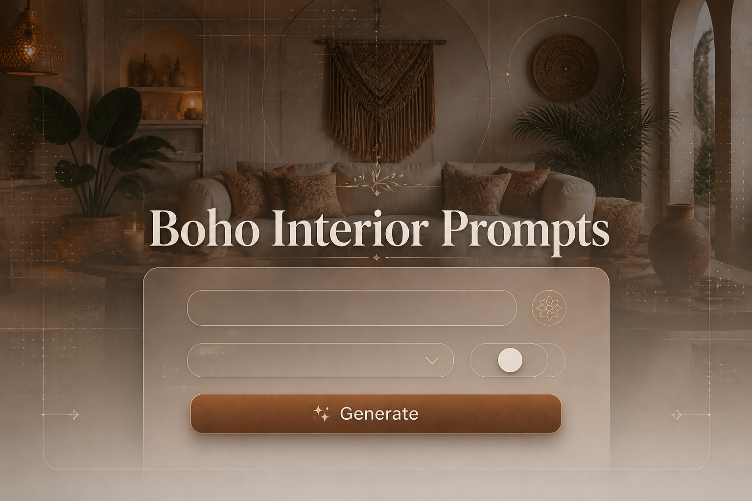 Centered boho interior prompts hero image with a styled "Boho Interior Prompts" title, sleek input panel for room style, dropdown, toggle, and Generate button over a fading boho living room UI background.