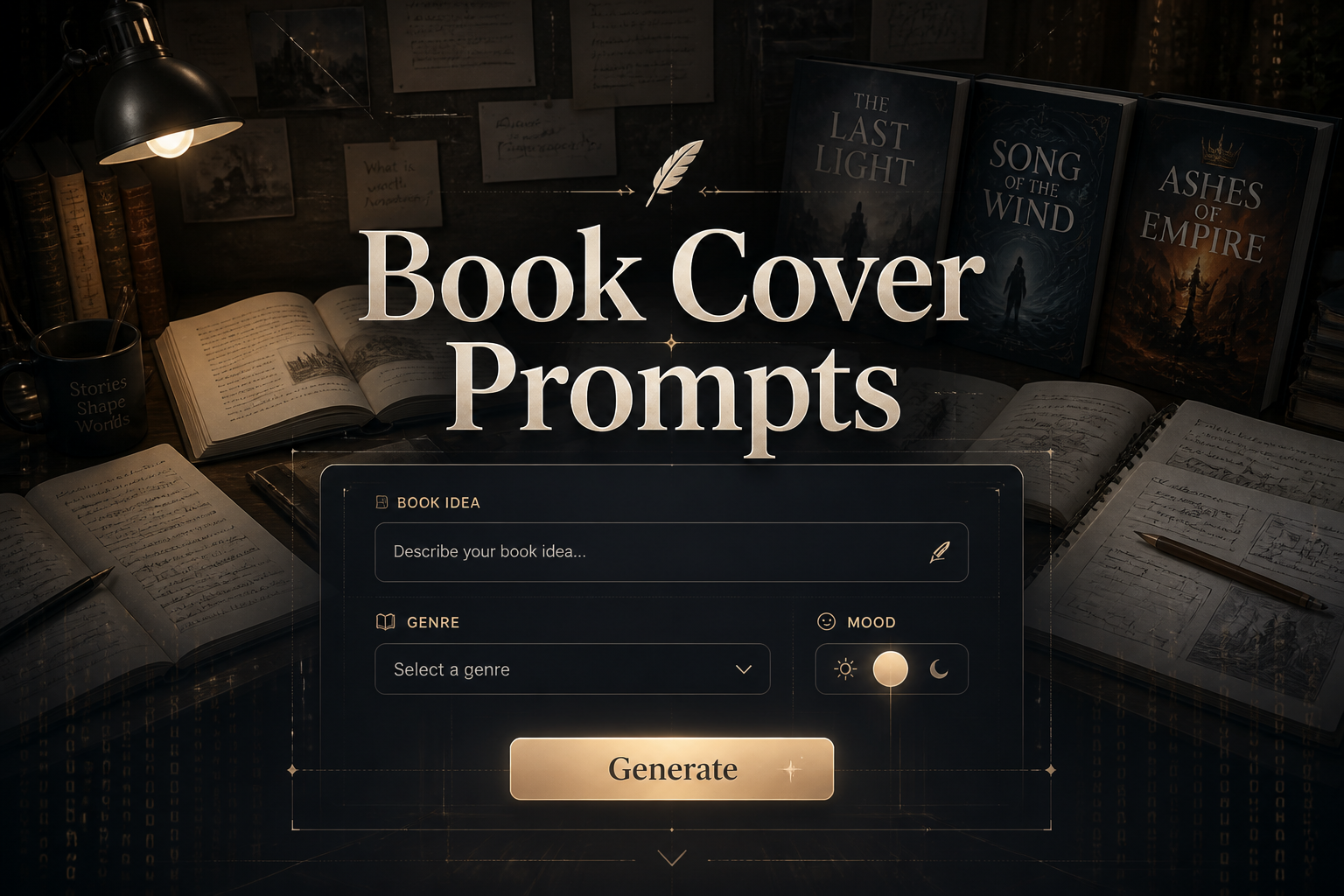 Centered hero image for a book cover prompts tool with a book idea field, genre dropdown, mood toggle, and Generate button, fading into an author desk with open novels and cover mockups, ideal for book cover prompts and AI book cover ideas.