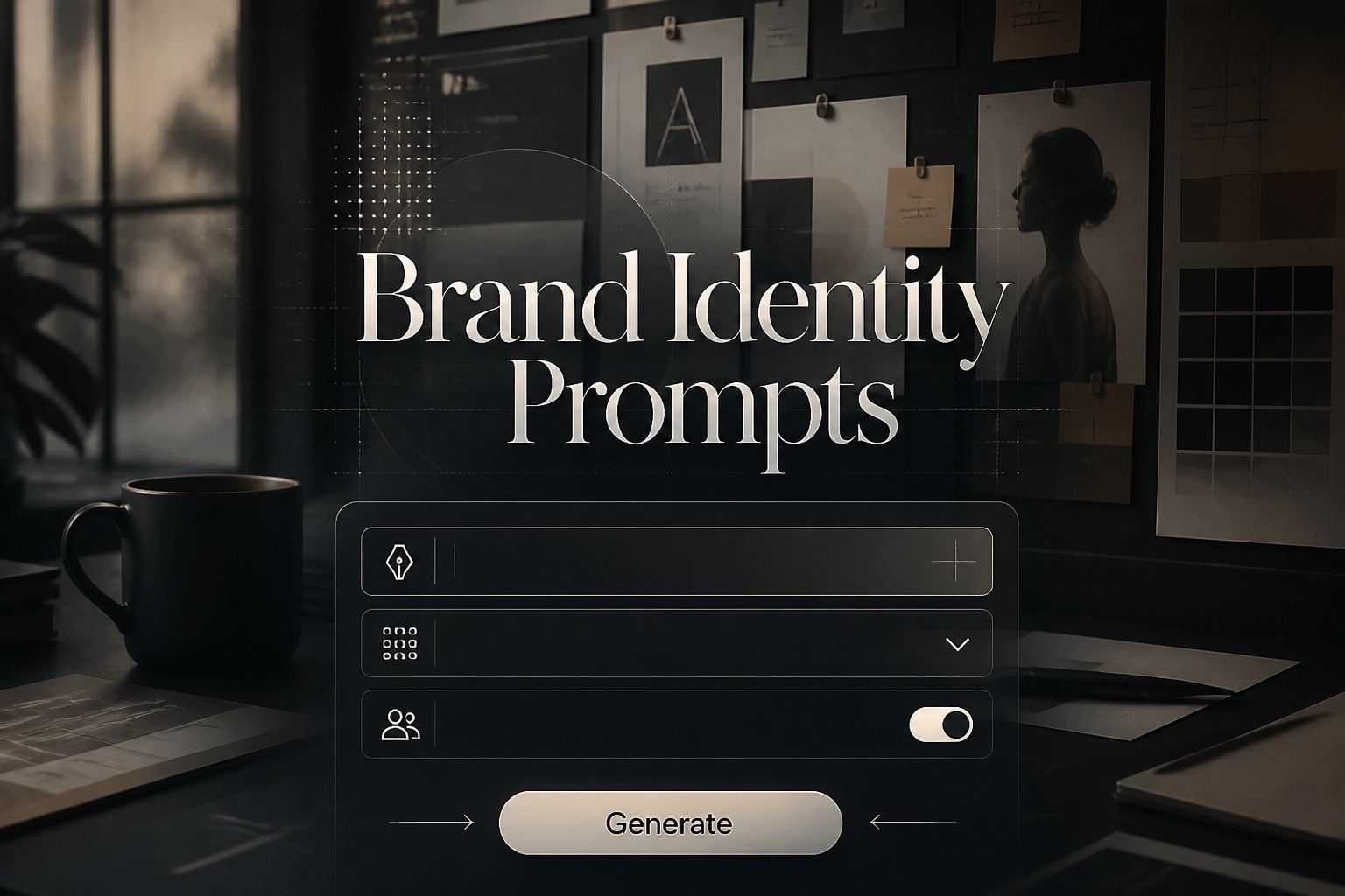 Centered brand strategy interface with Brand Identity Prompts text, a brand tone input, style direction dropdown, audience focus toggle, and Generate button over a polished high-contrast creative direction scene with subtle grid lines and premium UI details
