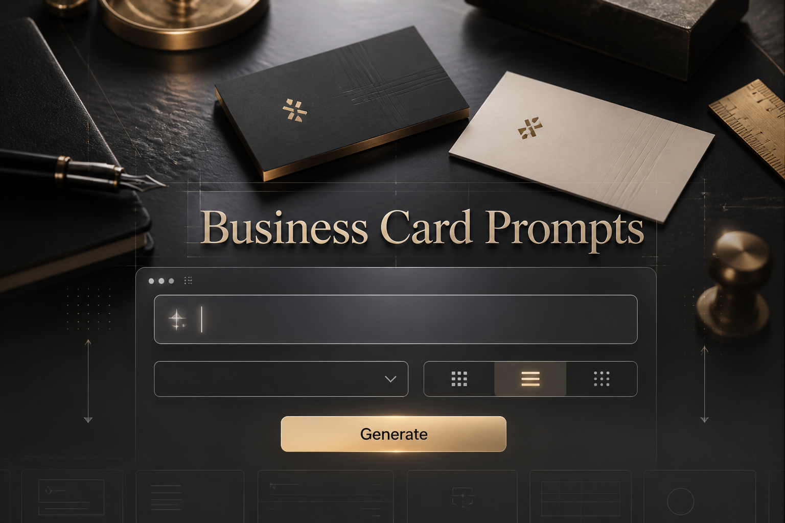 Centered hero graphic for Business Card Prompts showing a polished UI panel with a prompt field, blank dropdown, style toggle, and Generate button over a premium desk scene with business card mockups, ideal for business card prompt generator and AI business card design prompts.