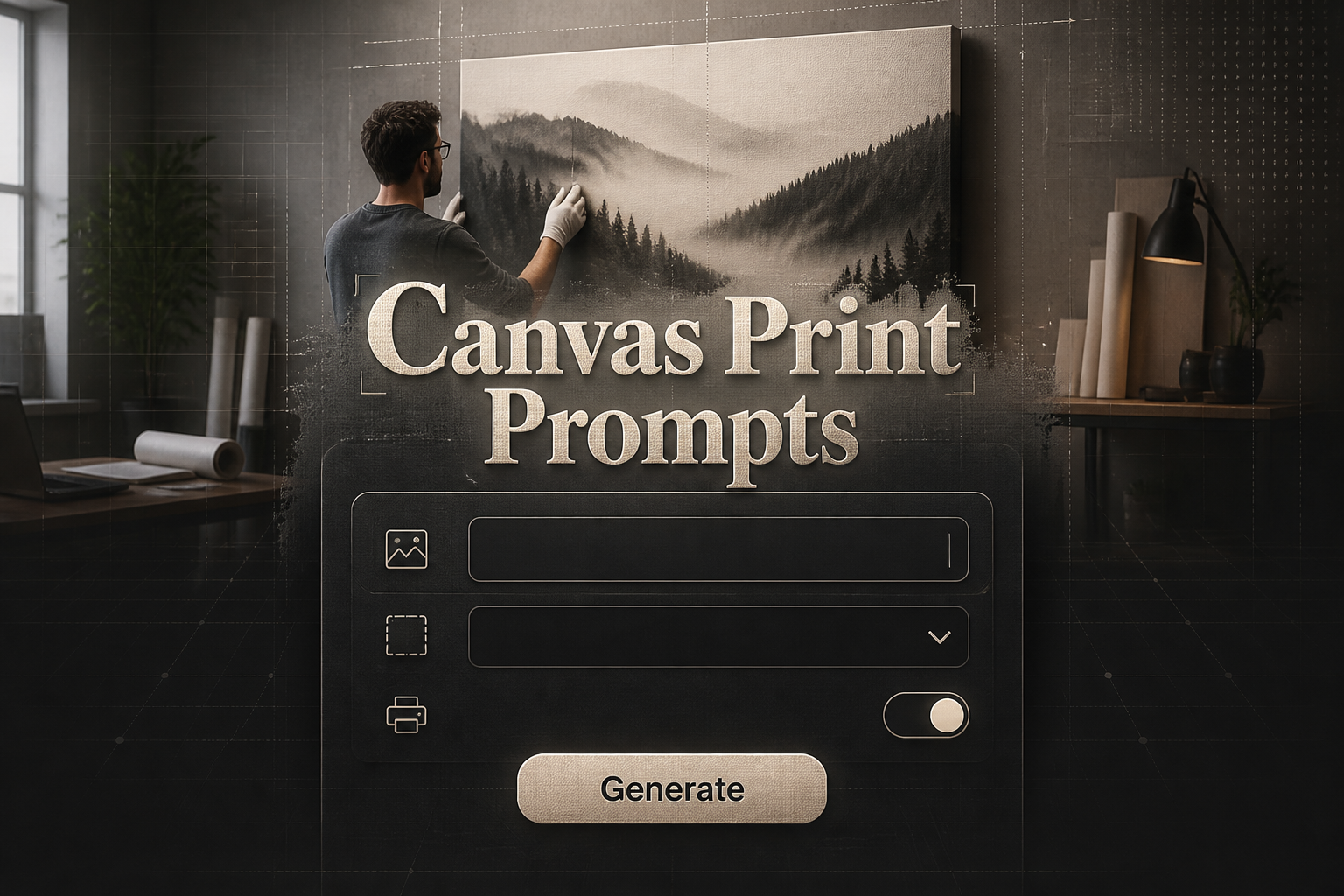 Hero image for a canvas print prompts tool showing the title Canvas Print Prompts above a sleek form with subject, canvas style, ready to print toggle, and Generate button, over a modern studio scene with a printed canvas being arranged.