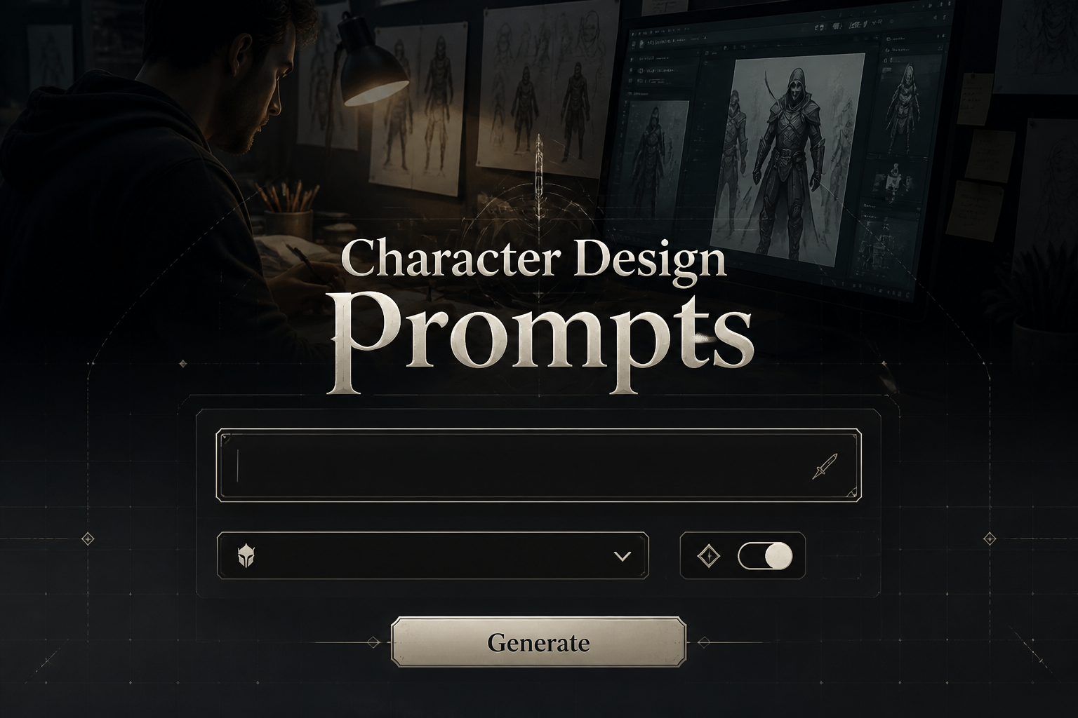Centered sleek hero graphic with the title Character Design Prompts over a polished prompt tool panel, showing a character concept field, style dropdown, detail toggle, and Generate button, ideal for character design prompt generator UI inspiration.