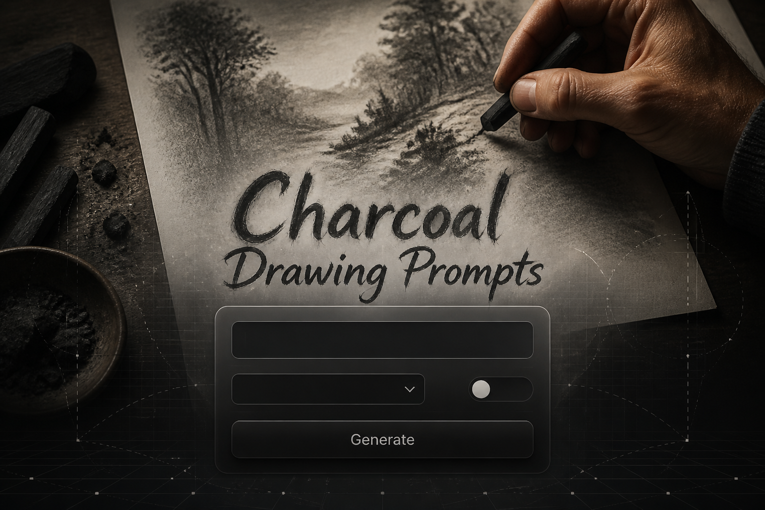 Charcoal Drawing Prompts headline in smoky charcoal style above a refined UI panel with prompt field, style dropdown, detail toggle and Generate button, over a realistic artist sketching with charcoal scene for charcoal art prompt ideas.