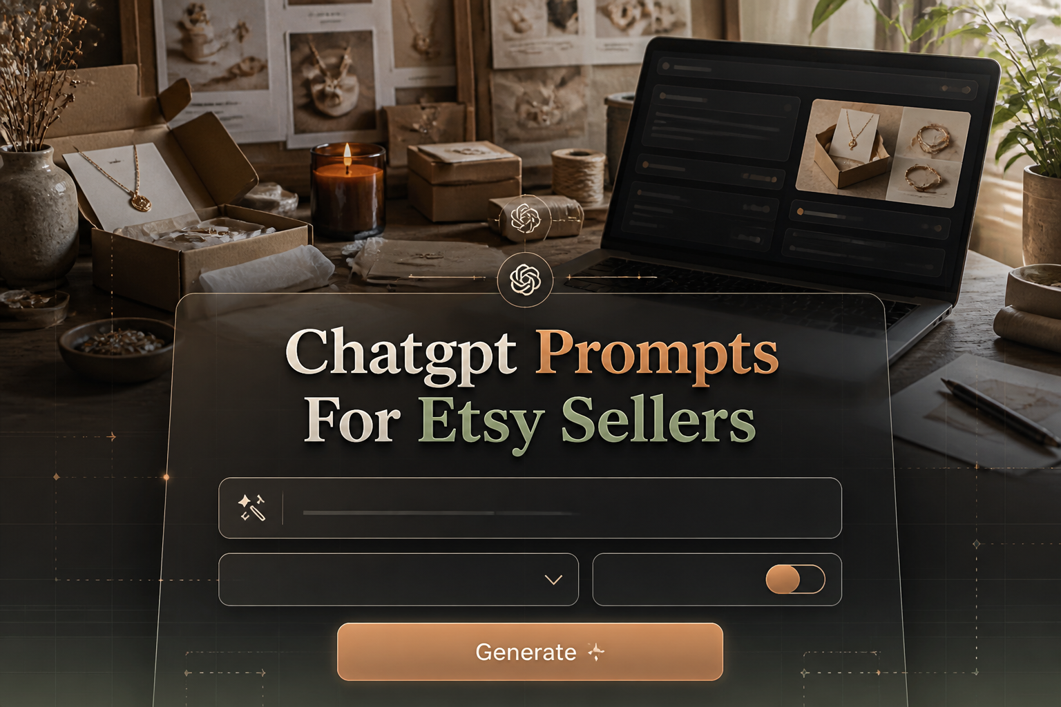 Featured hero image for a ChatGPT prompts for Etsy sellers tool showing a centered UI panel with an Etsy listing prompt field, dropdown, toggle switch, and Generate button over an Etsy seller workspace, ideal for Etsy SEO prompt generator branding.