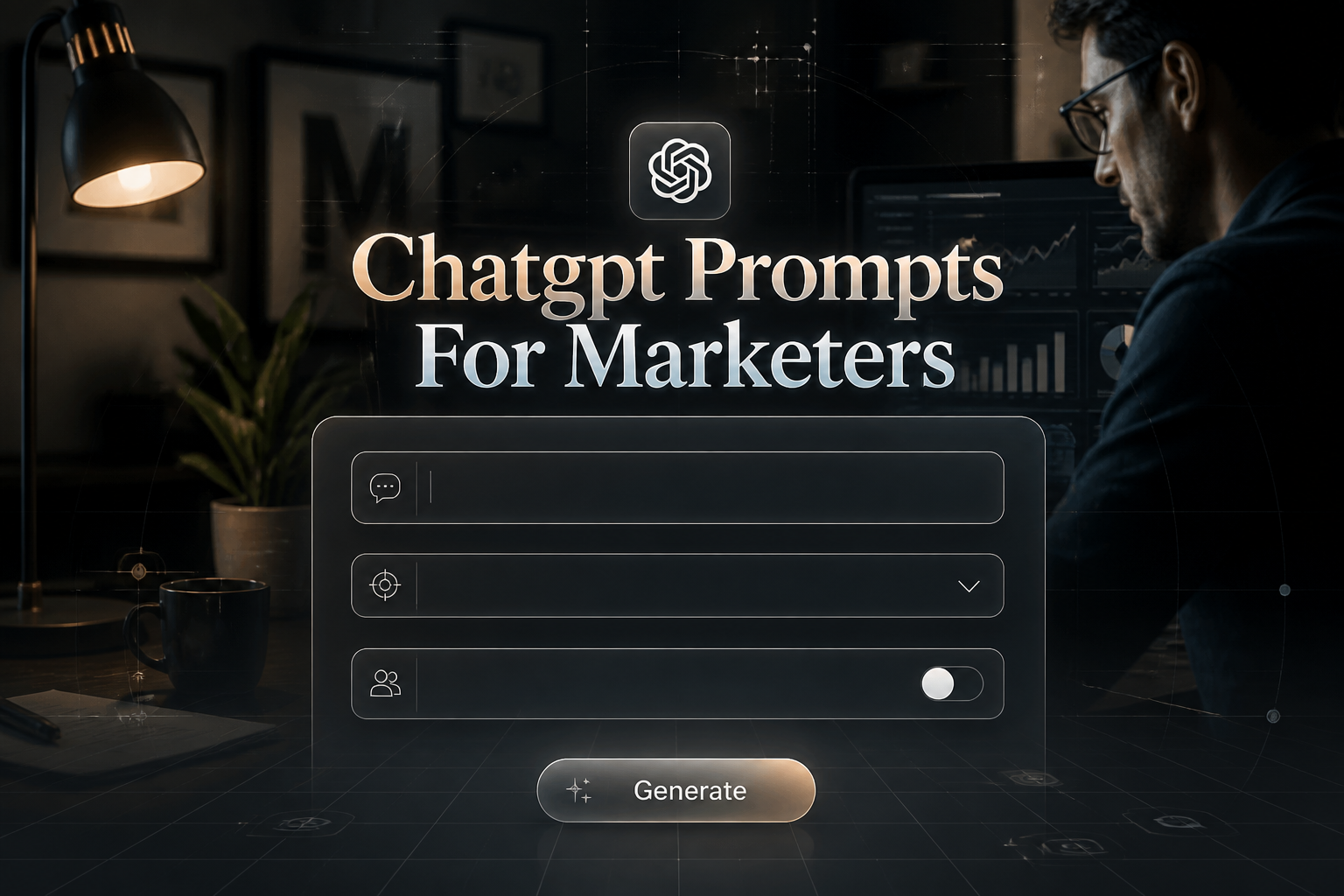 Centered hero graphic of a Chatgpt Prompts For Marketers interface with a premium prompt topic field, campaign type dropdown, audience focus toggle, and Generate button over a realistic marketer workspace, ideal for ChatGPT prompts for marketers and marketing prompt generator.