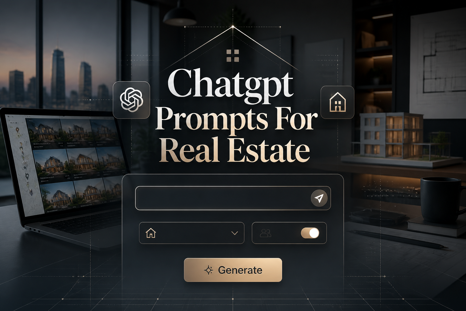Centered sleek hero graphic with the title Chatgpt Prompts For Real Estate over a smart UI panel showing a real estate prompt field, property type dropdown, tone toggle, and Generate button, plus a modern real estate workspace for ChatGPT prompts for real estate marketing ideas.