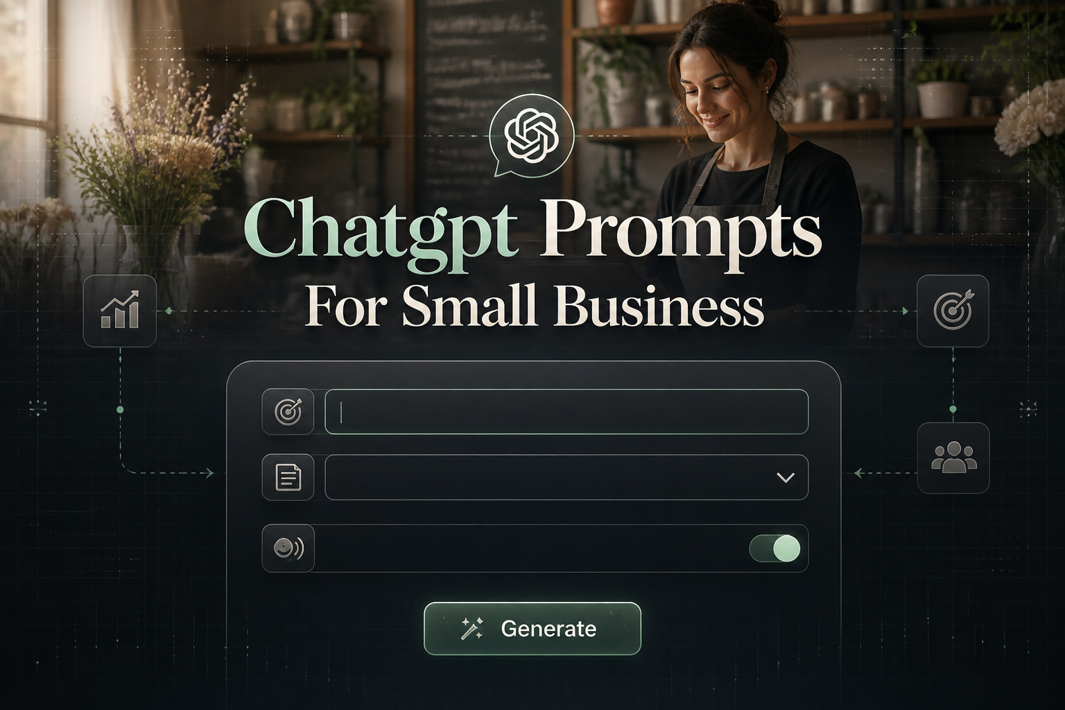 Featured hero image with the text Chatgpt Prompts For Small Business over a sleek AI UI panel showing business goal, content type, brand tone, and a Generate button, ideal for small business ChatGPT prompts and prompt tool design.