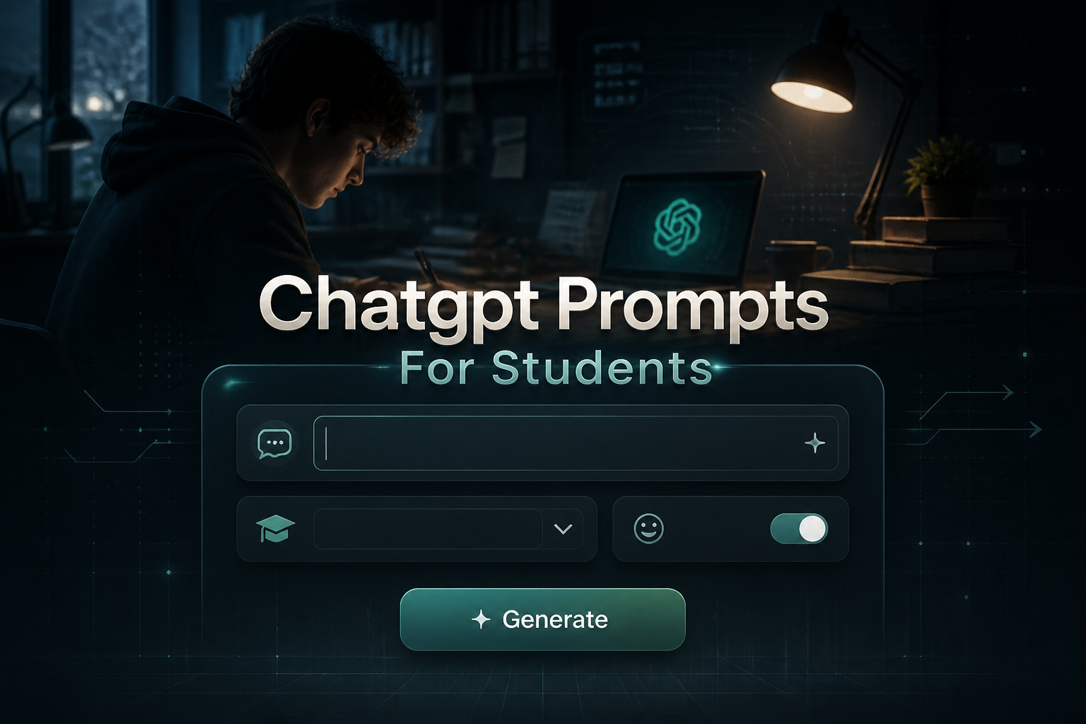 Centered sleek UI hero image for ChatGPT prompts for students, showing a refined panel with a student prompt topic field, study level dropdown, tone toggle, and Generate button over a dark real-life student study scene with subtle grid elements.