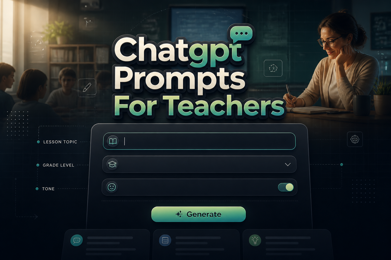 Centered hero image with "Chatgpt Prompts For Teachers" in bold shadowed type over a sleek teacher tool UI, featuring a lesson topic field, grade level dropdown, tone toggle, and Generate button for ChatGPT prompts for teachers.