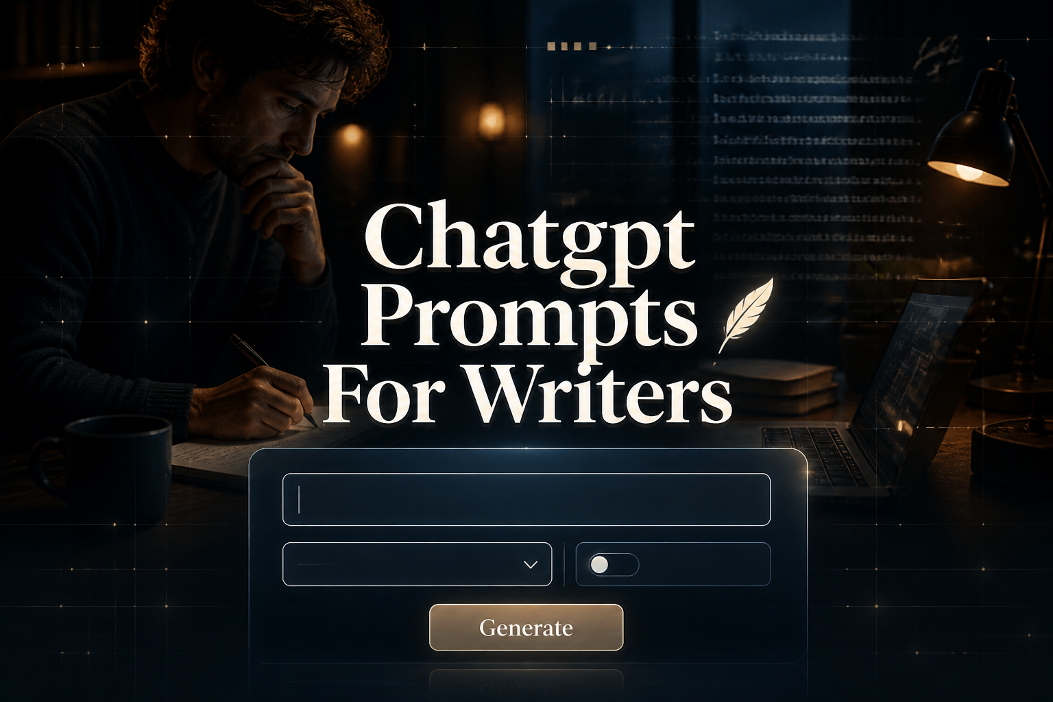 Centered hero graphic of a writer's AI tool with the text Chatgpt Prompts For Writers, a prompt topic input, writing style dropdown, tone toggle, and Generate button over a desk scene, ideal for ChatGPT prompts for writers and AI writing prompts for authors.
