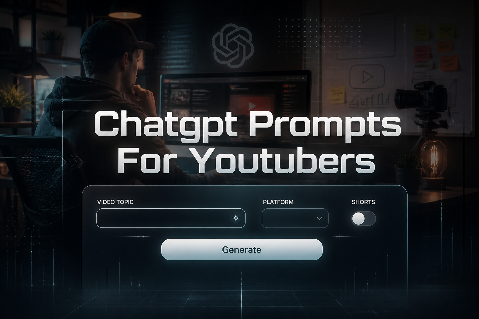 A polished hero graphic shows the title Chatgpt Prompts For Youtubers above a sleek AI tool panel with a video topic field, platform dropdown, shorts toggle, and Generate button, set over a subtle YouTube content planning scene for chatgpt prompts for youtubers.
