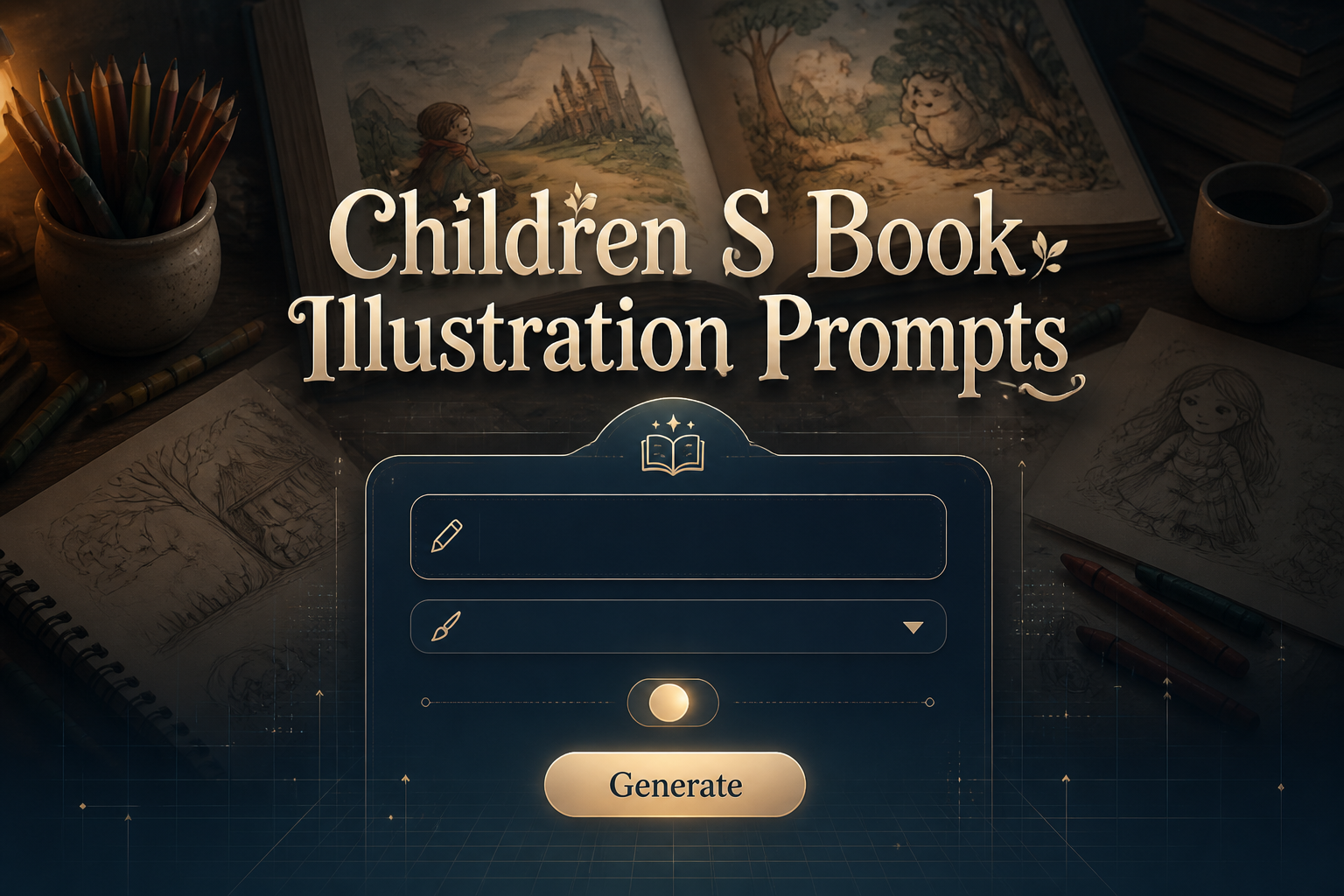A sleek hero graphic shows the title Children S Book Illustration Prompts above a centered prompt tool with input fields, illustration style dropdown, mood toggle, and Generate button over a storybook workspace scene, ideal for children book illustration prompts and storybook illustration prompt ideas.