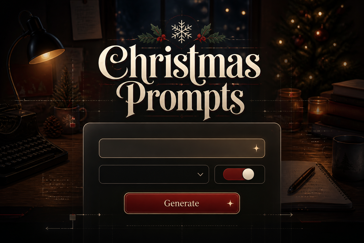 Centered hero image with Christmas Prompts in festive shadowed type above a sleek prompt idea form, dropdown, toggle, and Generate button, plus holiday workspace scene and subtle grid lines for Christmas prompt generator inspiration.