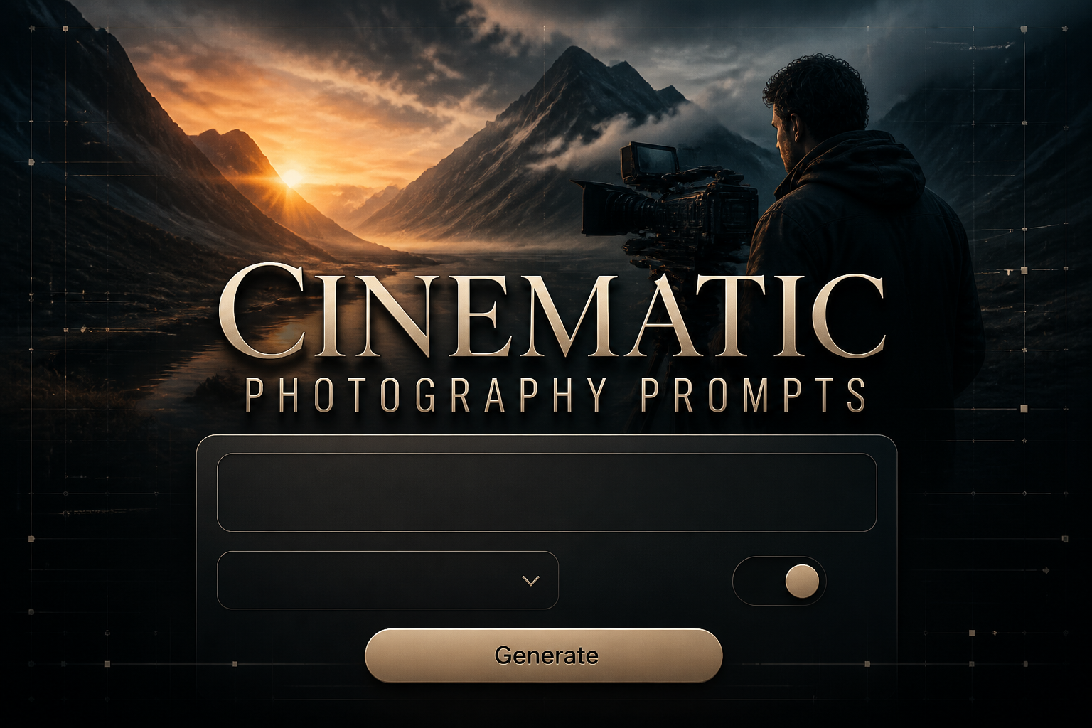 Centered cinematic-style hero graphic with the title Cinematic Photography Prompts in bold black-shadowed type, a sleek prompt input panel, blank dropdown and toggle, and a Generate button, styled for cinematic photography prompts tool design.