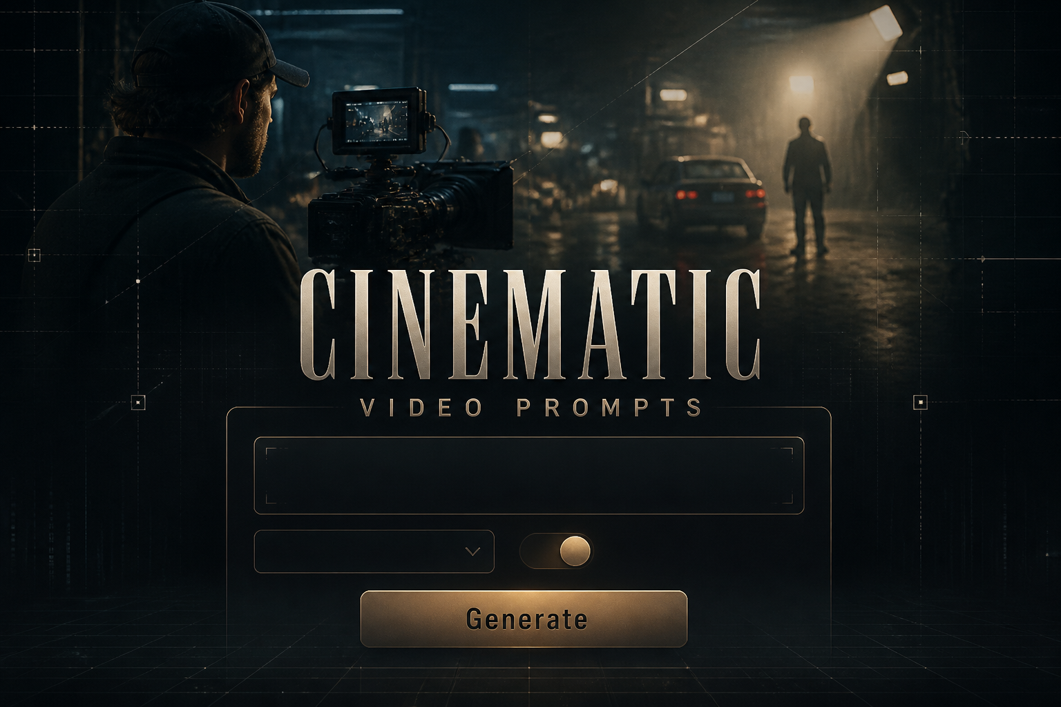 Cinematic Video Prompts hero image shows a sleek centered UI panel with a prompt field, compact dropdown, toggle, and Generate button over a cinematic filmmaker-on-set background, ideal for cinematic video prompt generator and AI video prompts tools.