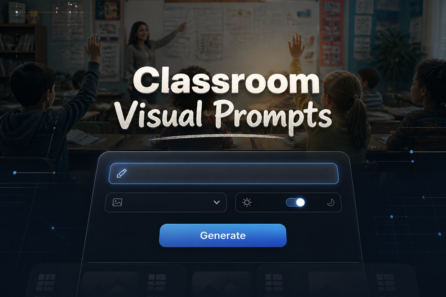 Centered hero graphic for a classroom visual prompts tool with the title "Classroom Visual Prompts," a refined prompt form, scene-type dropdown, visual tone toggle, and Generate button over a fading classroom background with students, whiteboards, and subtle grid accents.