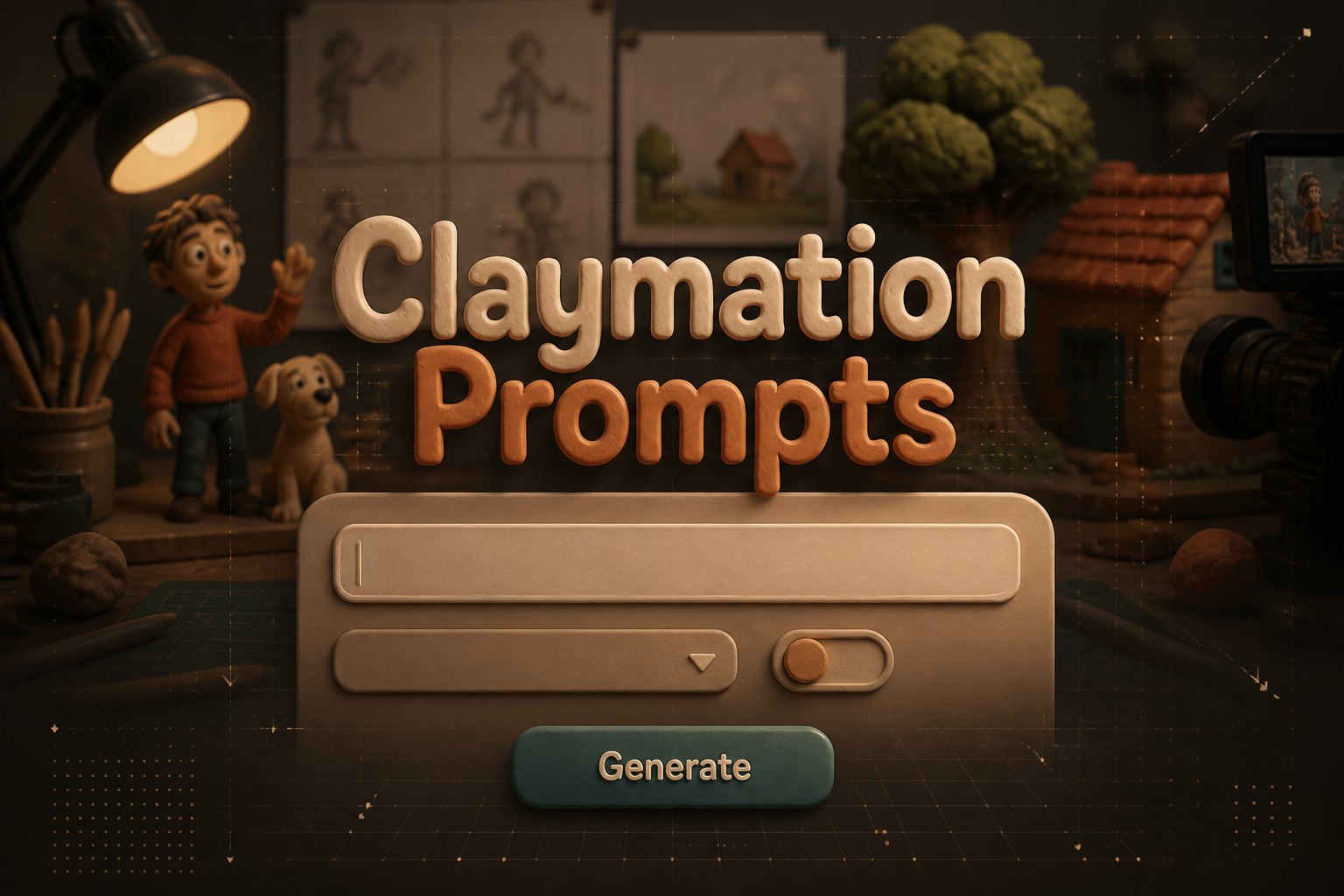 Centered claymation prompts hero image with the title "Claymation Prompts," a refined prompt idea input, style dropdown, mood toggle, and Generate button over a sleek claymation prompt generator UI with a handmade animation workspace background.
