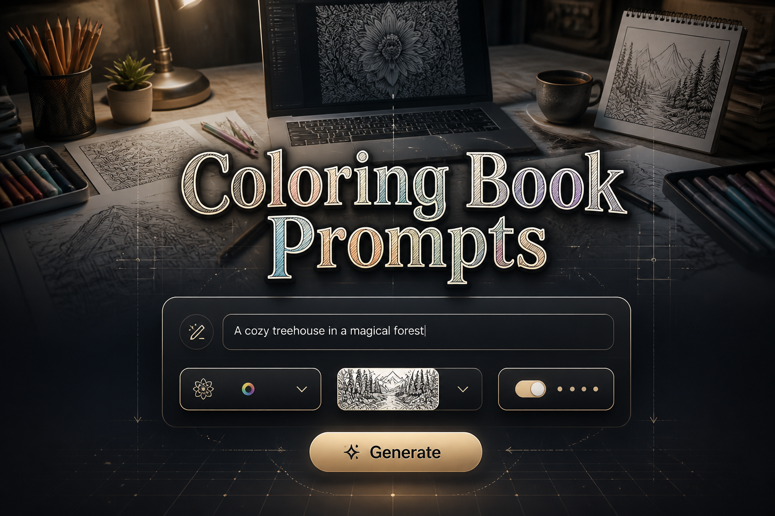 Featured hero image for Coloring Book Prompts with a sleek prompt input field, style dropdown, detail toggle, and Generate button over an artist desk scene with coloring pages, pencils, markers, and a laptop, ideal for coloring book prompt generator ideas.