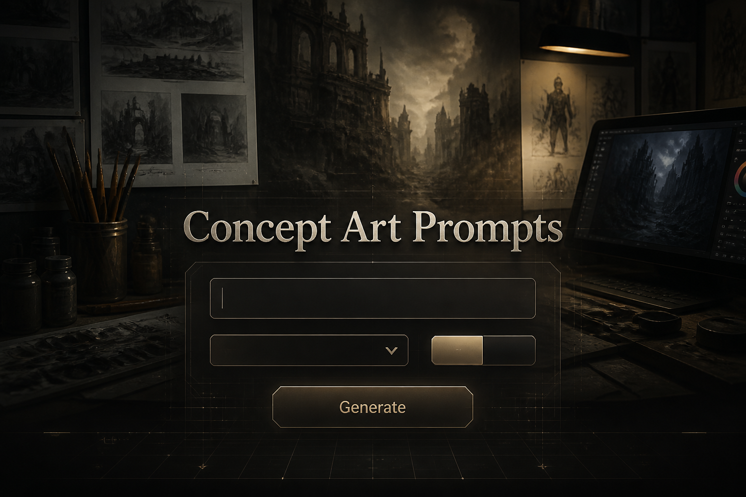 Centered concept art prompts hero image with integrated "Concept Art Prompts" title, scene idea field, dropdown, toggle, and Generate button, set over a polished UI panel with faint grid lines and premium concept art prompt generator design.