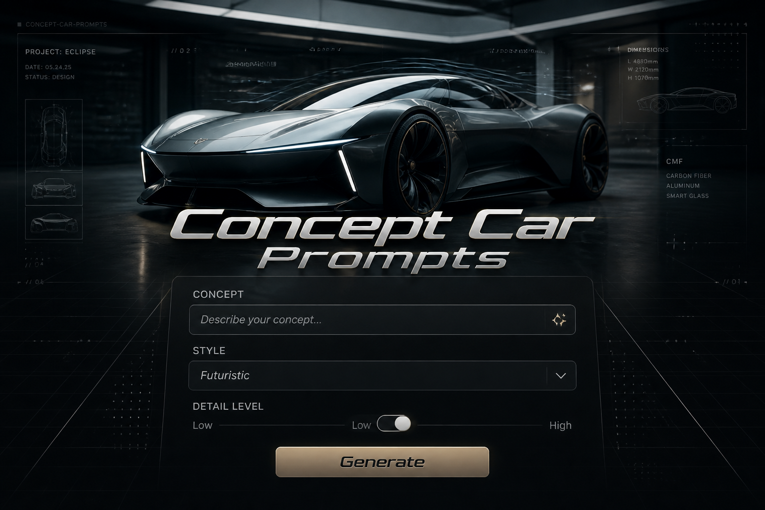 Featured hero image for Concept Car Prompts showing a sleek concept car prompt generator UI with concept, style and detail level fields, a Generate button, and a futuristic studio car backdrop with premium high-contrast reflections.