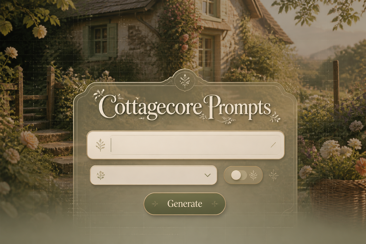 A refined cottagecore-style UI hero image with "Cottagecore Prompts" over a romantic garden backdrop, featuring a prompt ideas input field, mood dropdown, style variation toggle, and Generate button for cottagecore prompt generator inspiration.