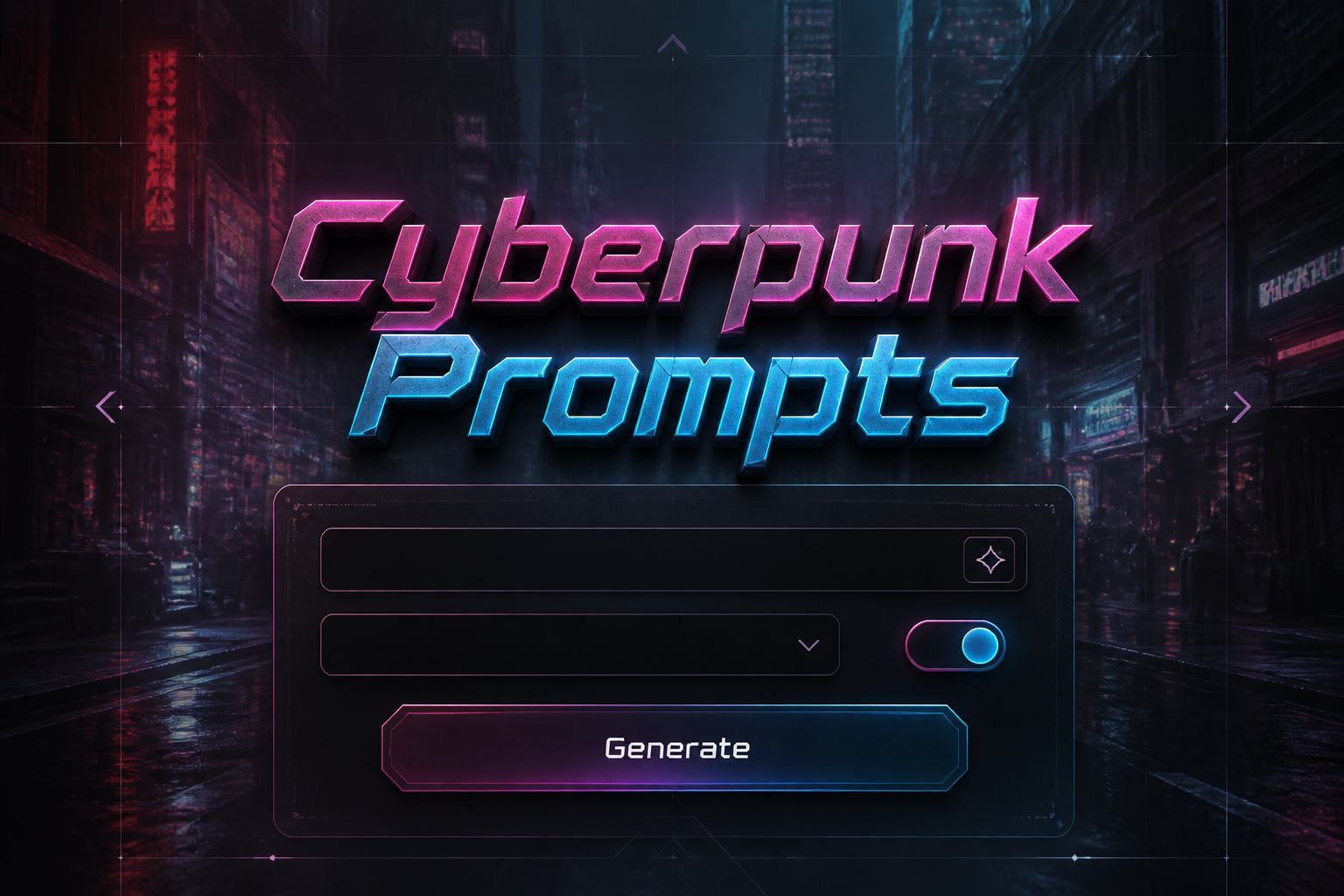 Centered cyberpunk hero UI with the title Cyberpunk Prompts in bold black-shadowed type, a prompt seed field, style intensity dropdown, neon mode toggle, and Generate button over a glowing cyberpunk street scene for cyberpunk prompts tool design.