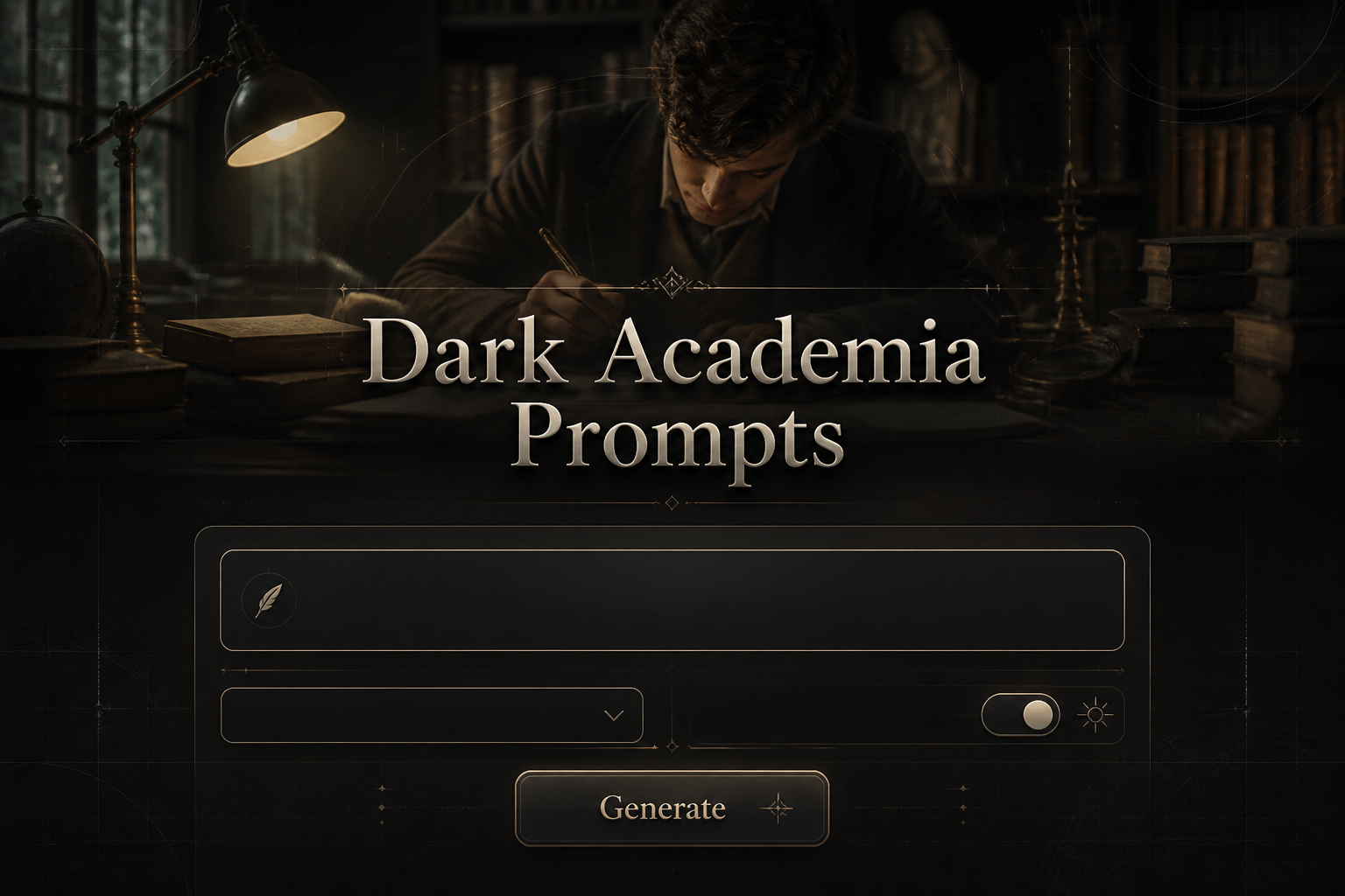 Centered dark academia prompts tool hero with a scholar at a warm-lit desk behind a refined UI panel, showing prompt ideas input, dropdown, mood toggle, and Generate button, ideal for dark academia writing prompts and aesthetic prompt generator.