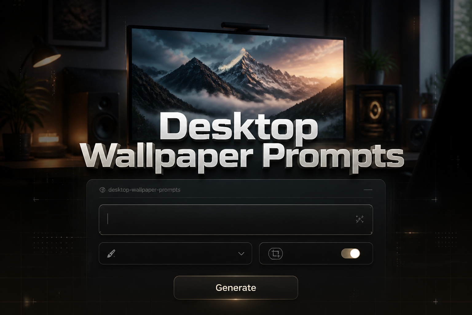 A sleek featured hero image shows a centered desktop wallpaper prompts UI with the title "Desktop Wallpaper Prompts," one prompt field, a style dropdown, an aspect ratio toggle, and a Generate button over a stylish desktop workspace.